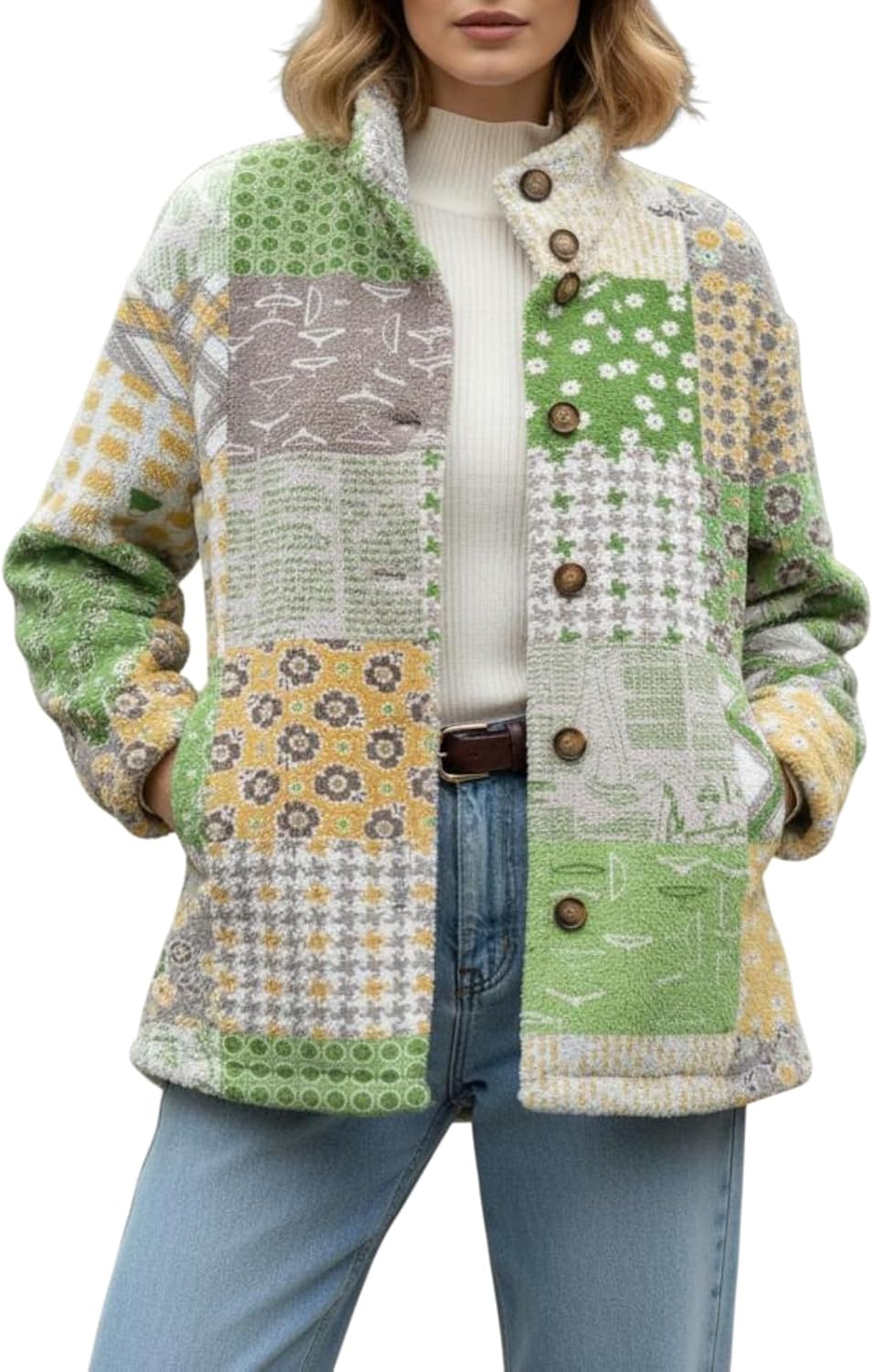 Womens Boho Vintage Floral Printed Long Sleeve Fleece Coat Winter Warm Casual Button Down Cozy Soft Sherpa Jacket