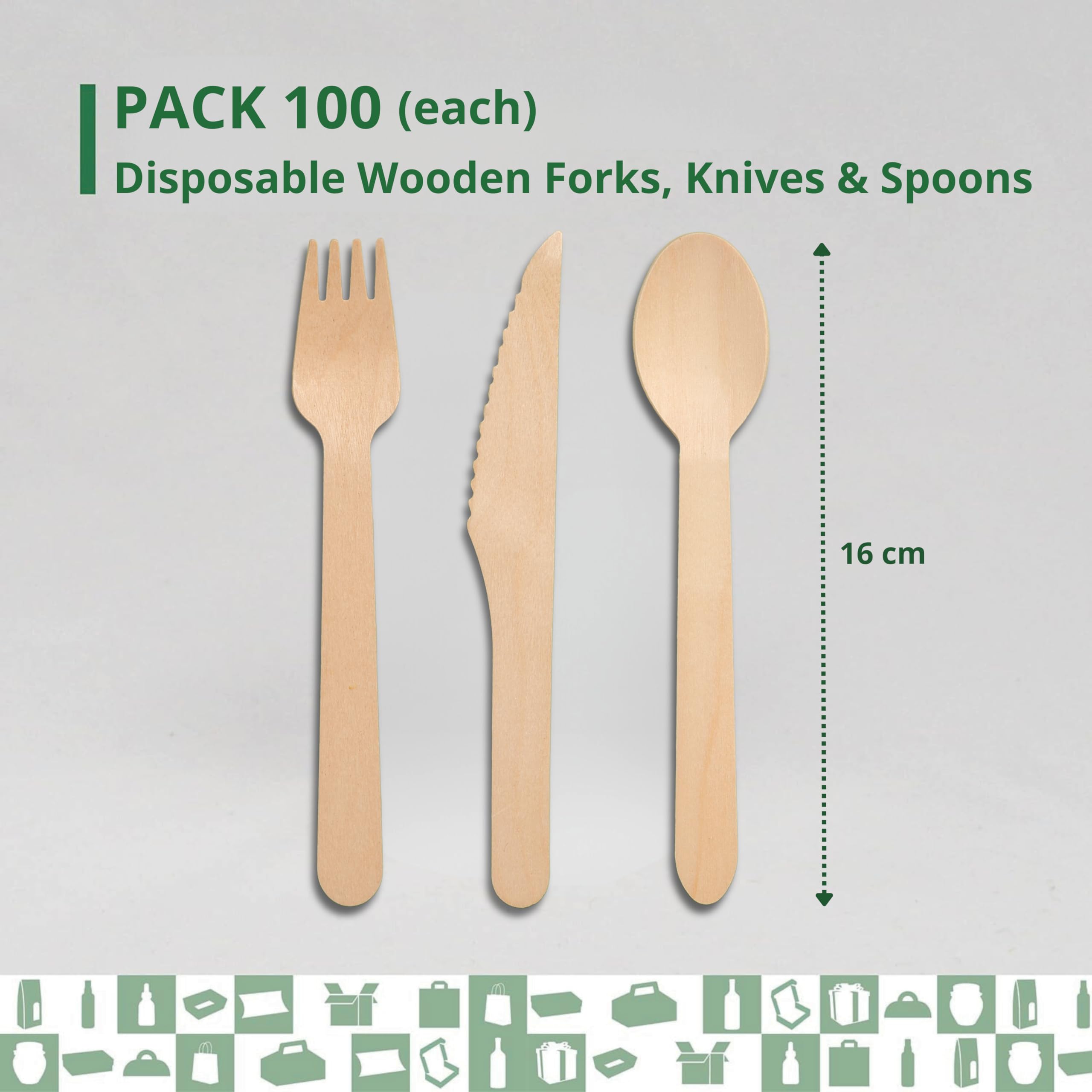 Juego de 100 tenedores + 100 cuchillos + 100 cucharas desechables de madera, cubiertos desechables, ideal para picnics y eventos