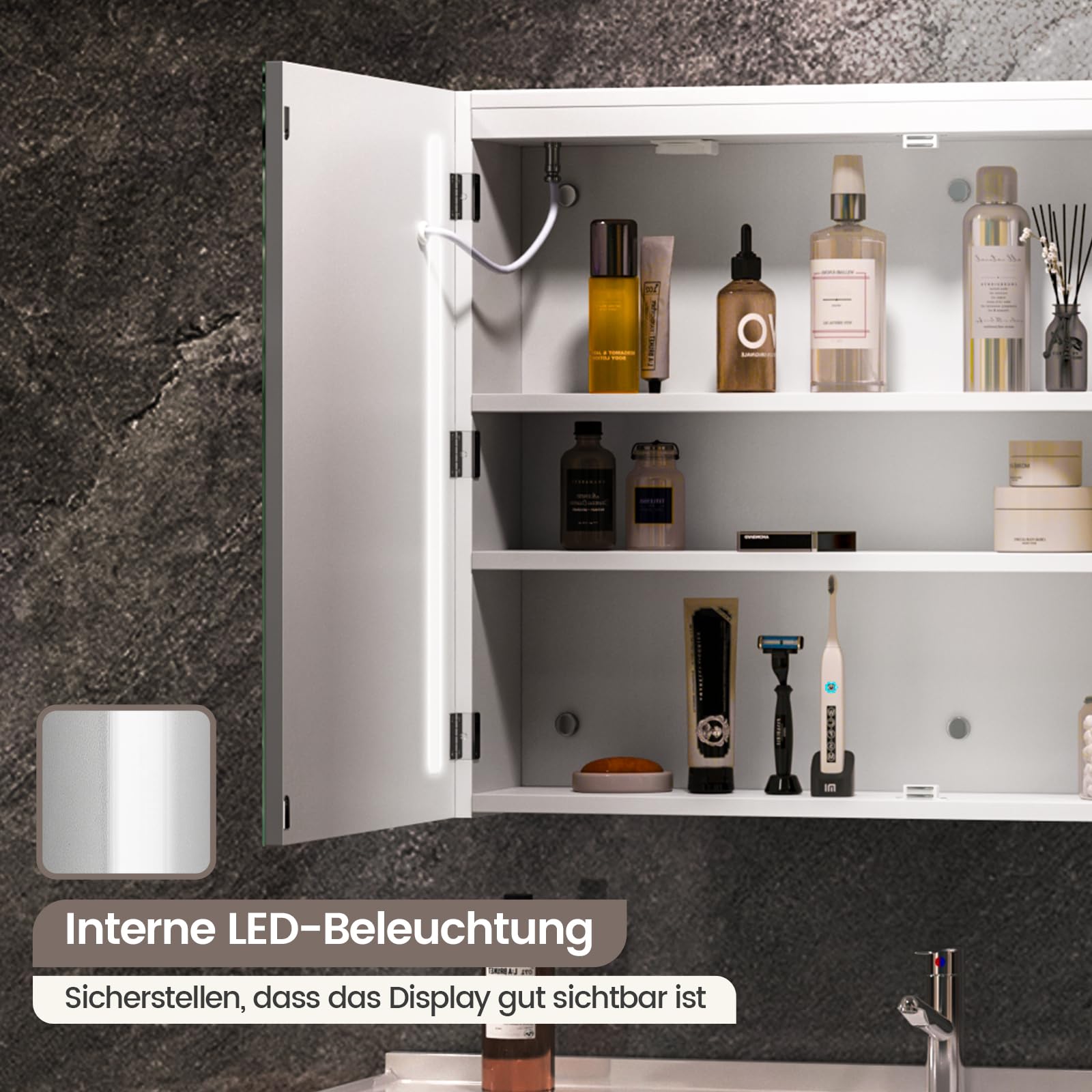 Spiegelschrank Bad mit Beleuchtung und Steckdose, 80x60x15cm, Badezimmer Spiegelschrank mit 3 LED-Lichtfarben dimmbar, Doppeltür, Verstellbares Regal, Antibeschlag, Wandmontage, Weiß