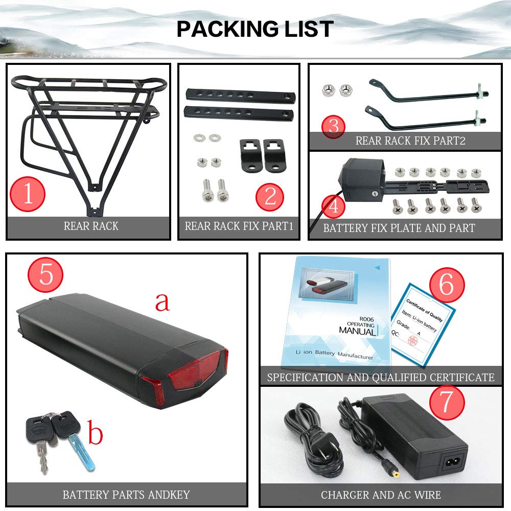 UPP 36V 15AH Rack posteriore Ebike batteria, batteria al litio per 0-1000W motore, batteria della bicicletta elettrica con caricabatterie (Con Rack)