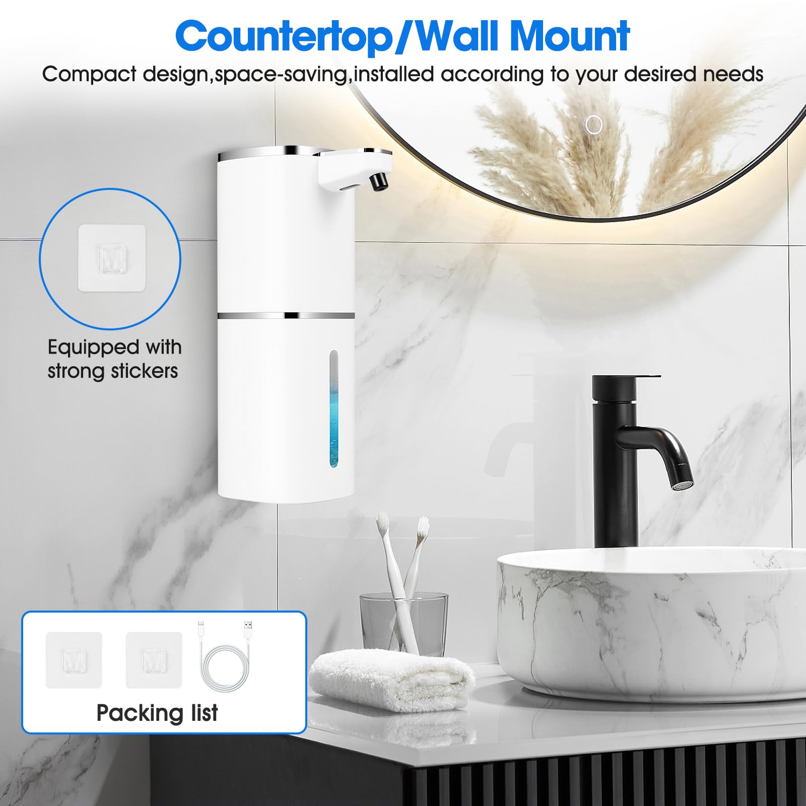 Confezione da 2 dispenser automatico di sapone liquido, dispenser di sapone senza contatto, 400 ml, ricaricabile, da parete, dispenser intelligente per bagno e cucina, facile per i più piccoli (bianco
