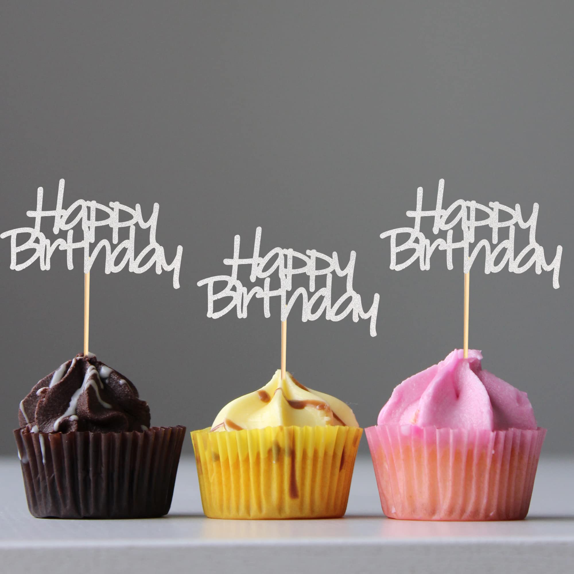 Arthsdite 24pcs Happy Birthday Cupcake Toppers Pre-Assembled Silver Glitter Cake Food Fruit Picks for Celebrating Birthday Party Decoration Supplies