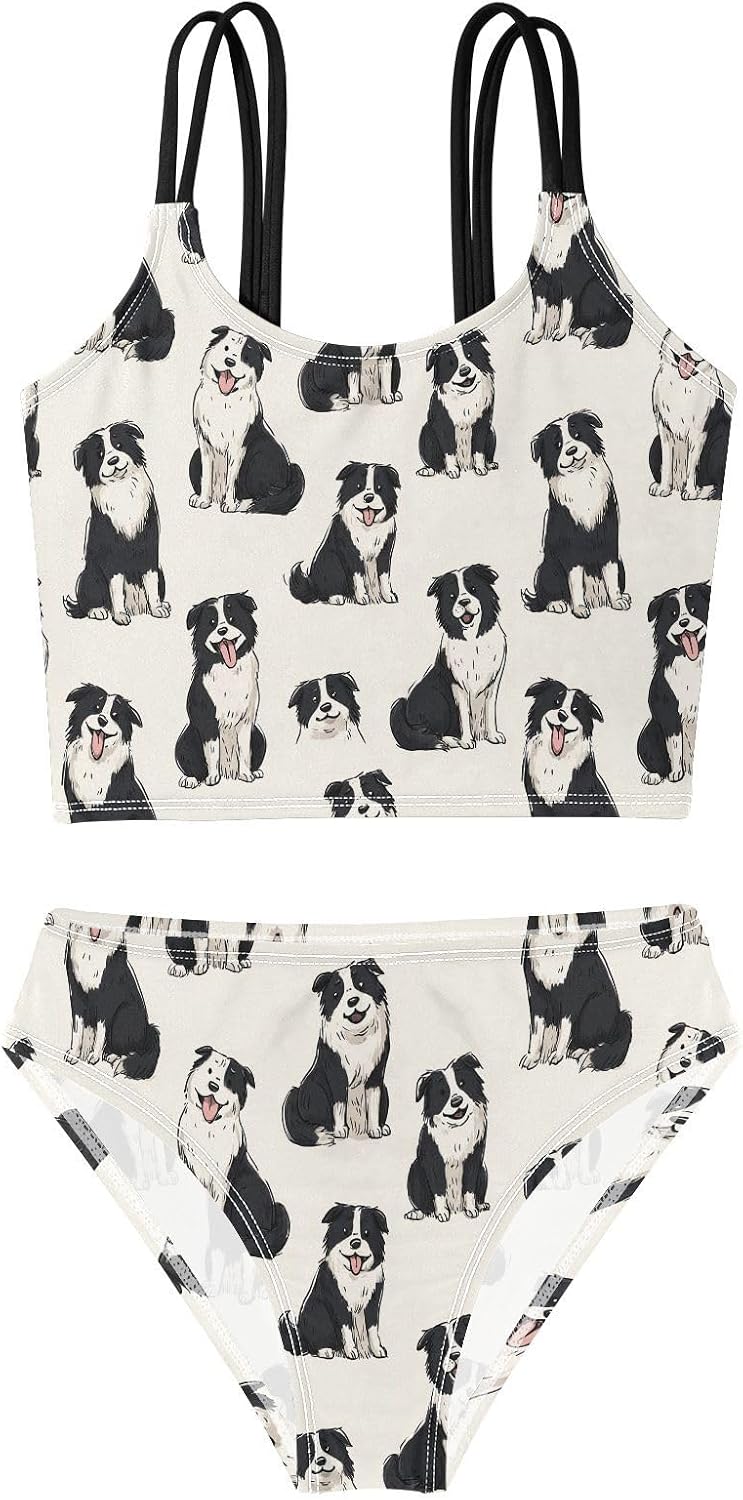 visesunny Girls Two Piece Swimsuits Cartoon Border Collie Girl's Bikini Sets Bathing Suits for Girls Size 5-12Y