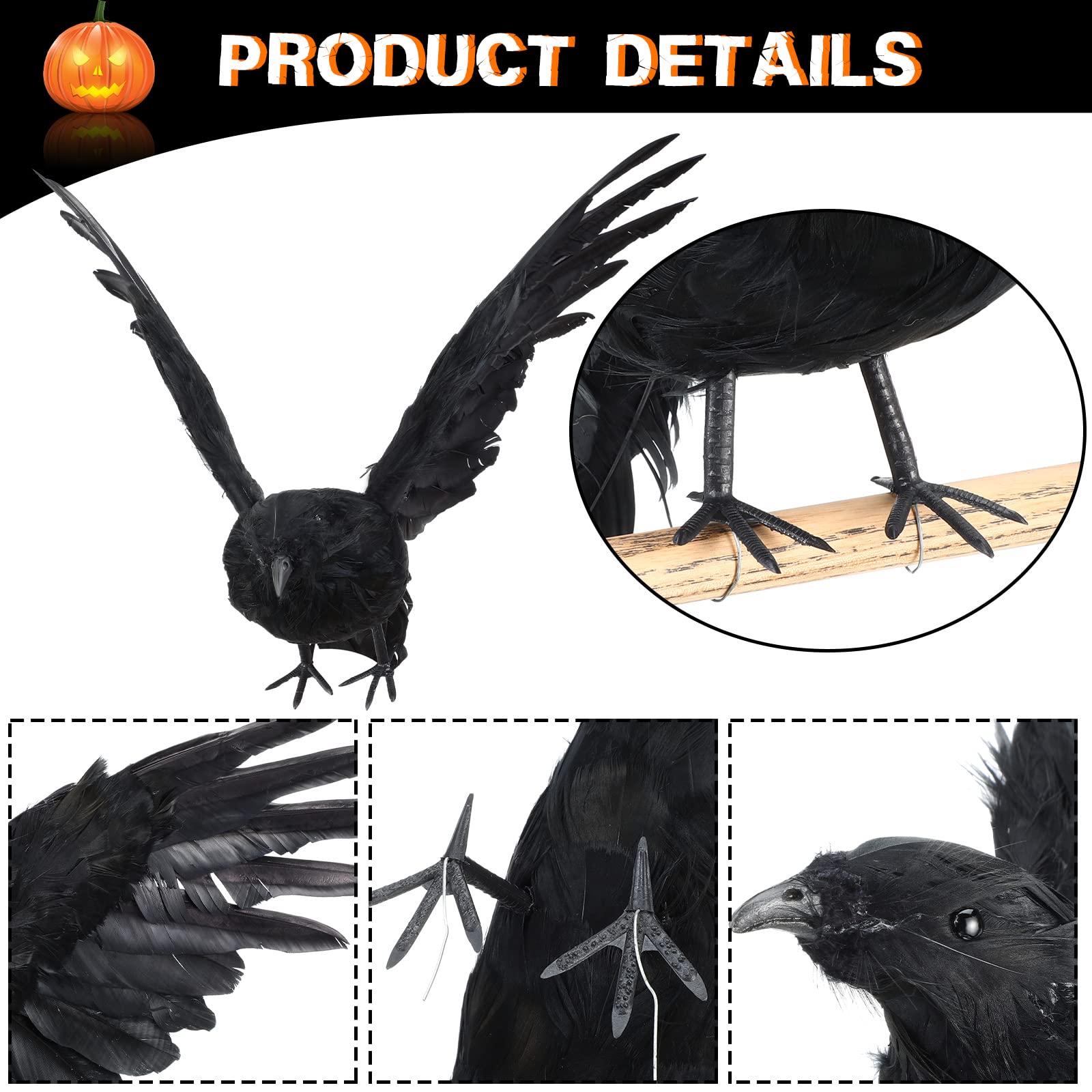 Janinka 4 Pack Halloween Crows Decoration 26 Inches Realistic Black Feathered Crow Scary Handmade Halloween Ravens Halloween Prop for Halloween Horror Themed Party Decoration Supplies