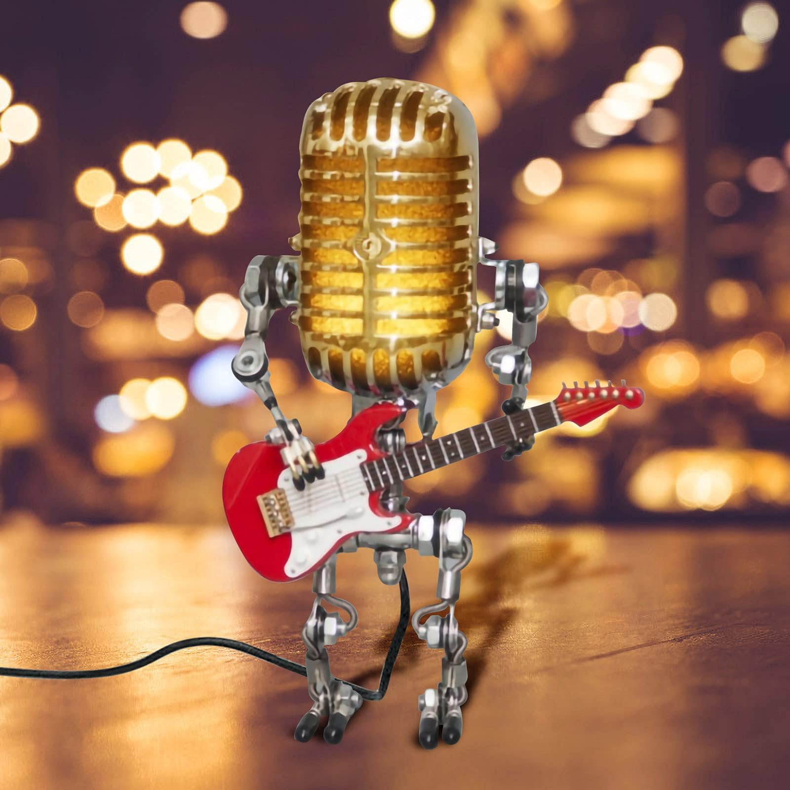 MIS1950s Vintage Microphone Robot Desk Lamp, Metal Microphone Robot Lamp with Mini Guitar, Robot Touch Dimmer Angle Lamp,Vintage Light Home Decor Nightstand Desk Lamp for Home Bedroom,Bar, Office