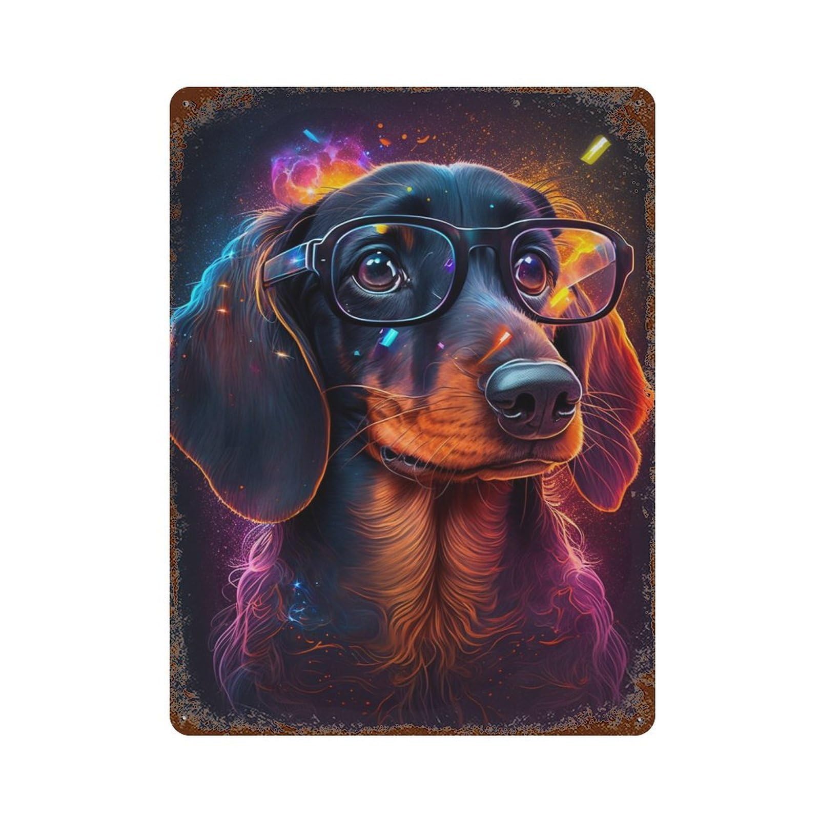 Neon Dachshund Glasses Art Print 15.7"x11.8" Rustic Tin Plaque, Industrial Home Decor for Farmhouse, Kitchen And Entryway Decor