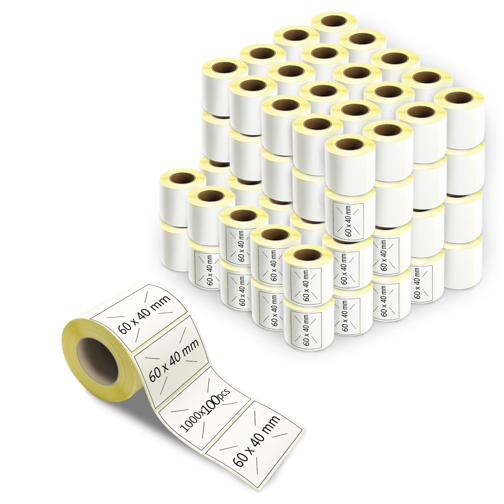 m MU Étiquettes Autocollantes，100X Rouleau 60X40 MM，100000 Pièces Par Rouleau Étiquettes À Transfert Thermique Adhésives Universelles Blanches À Imprimer Dans Des Imprimantes Thermiques|6×4CM