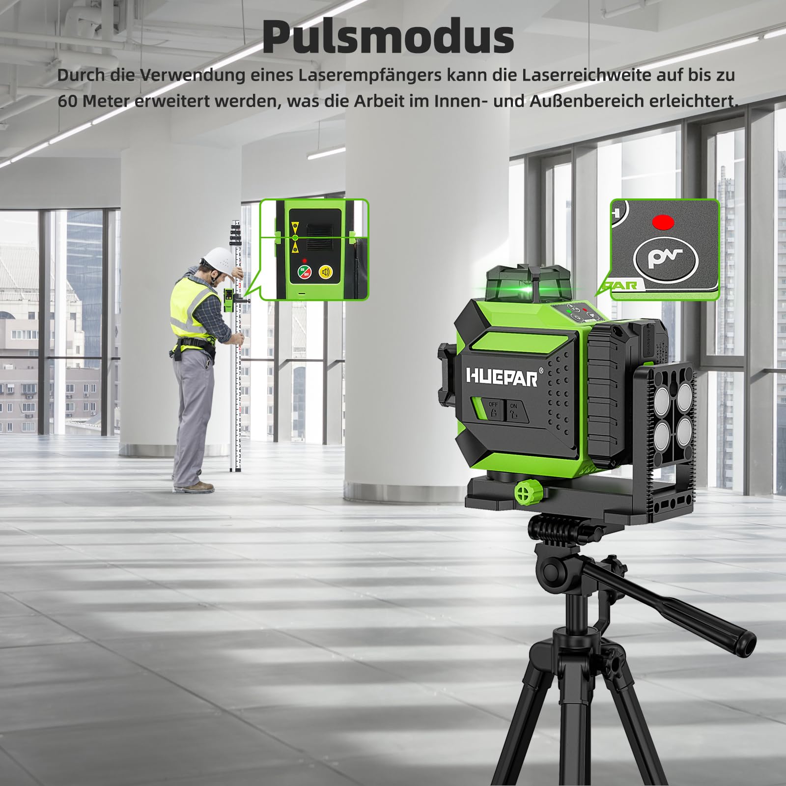 Huepar 3 x 360 Kreuzlinienlaser Selbstnivellierend, Laserwasserwaage grün 3D mit Pulsmodus, 12 laserliner mit wiederaufladbarem, integrierter Magnethalterung und Hartschalenkoffer 703CG