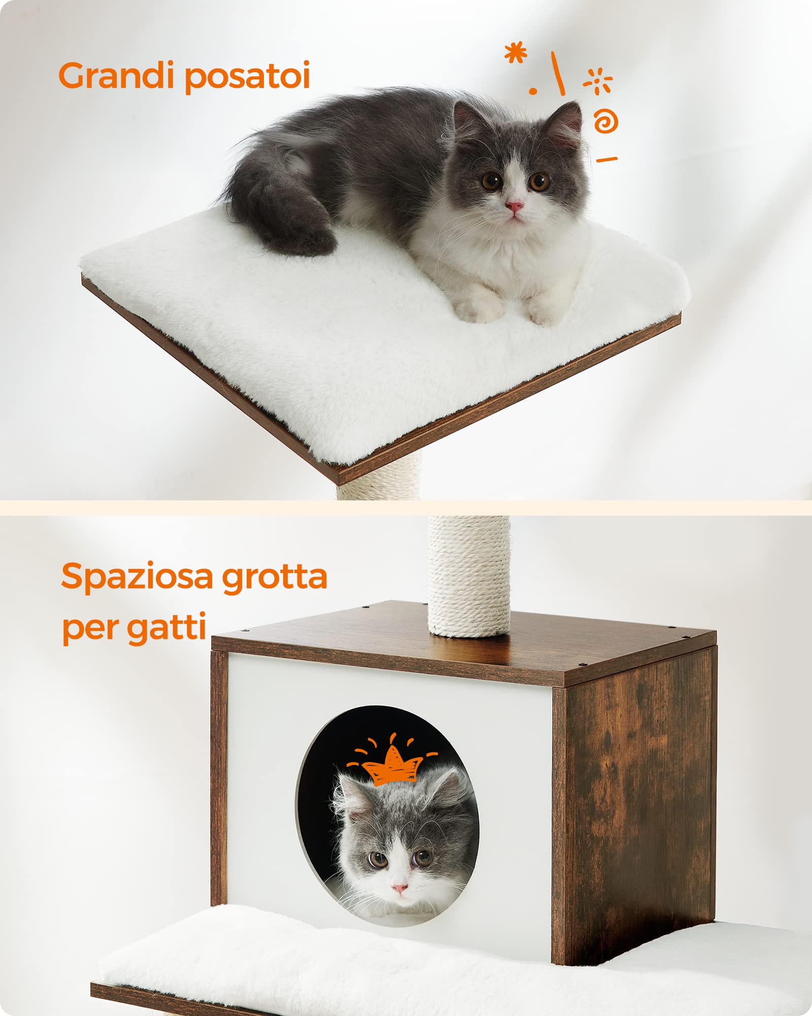 FEANDREA Albero per Gatti, Tiragraffi Moderno 138 cm, Condominio per Gatti a più Livelli con Tiragraffi, Casa sull'Albero con Amaca, Posatoi, Peluche Morbido, Cuscini Lavabili, Marrone Vintage