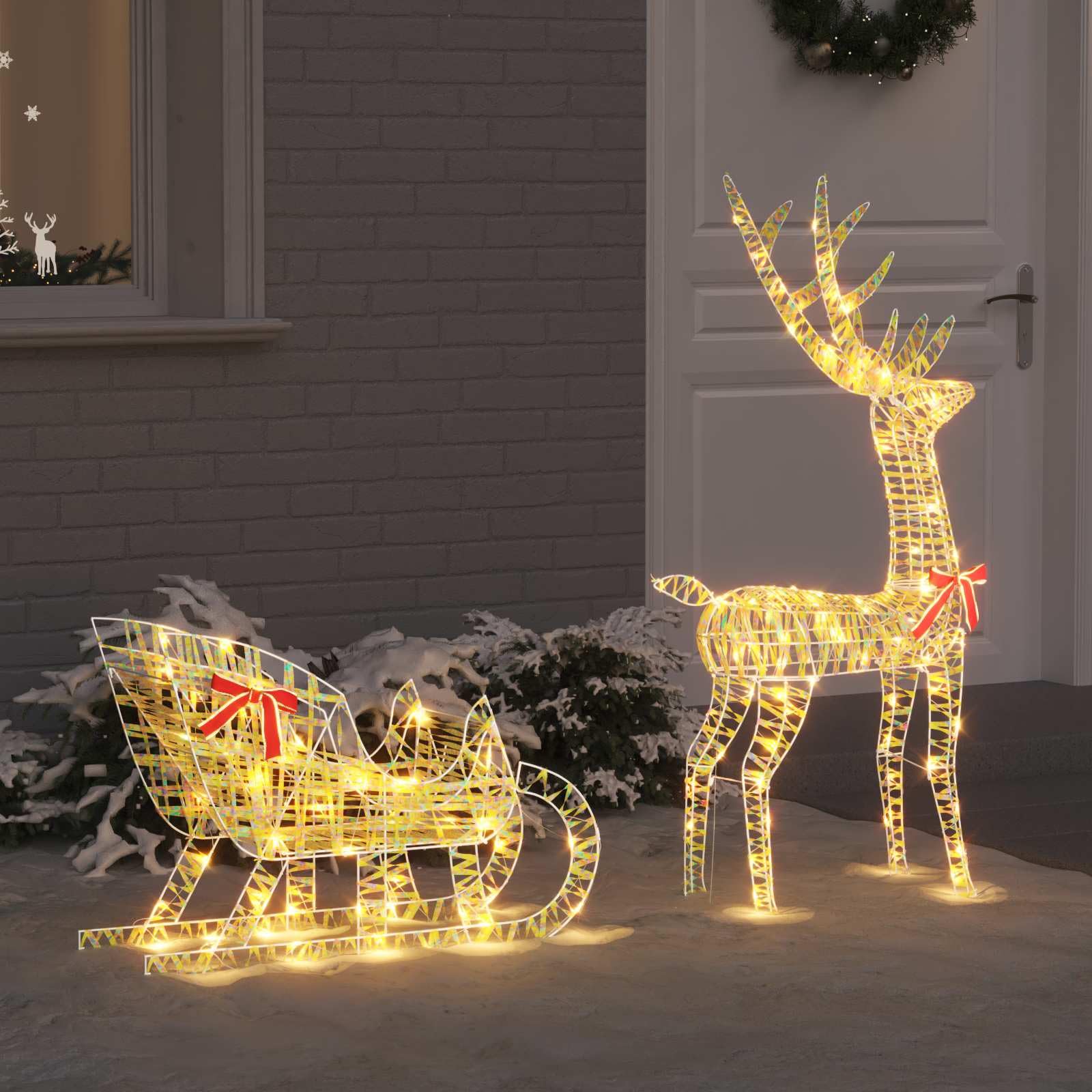 Renifery sanki do ciągnięcia ciepła biel PET 70 x 26 x 129 cm z 200 diodami LED i zasilaniem USB, dekoracja na Boże Narodzenie, do wnętrz i na zewnątrz