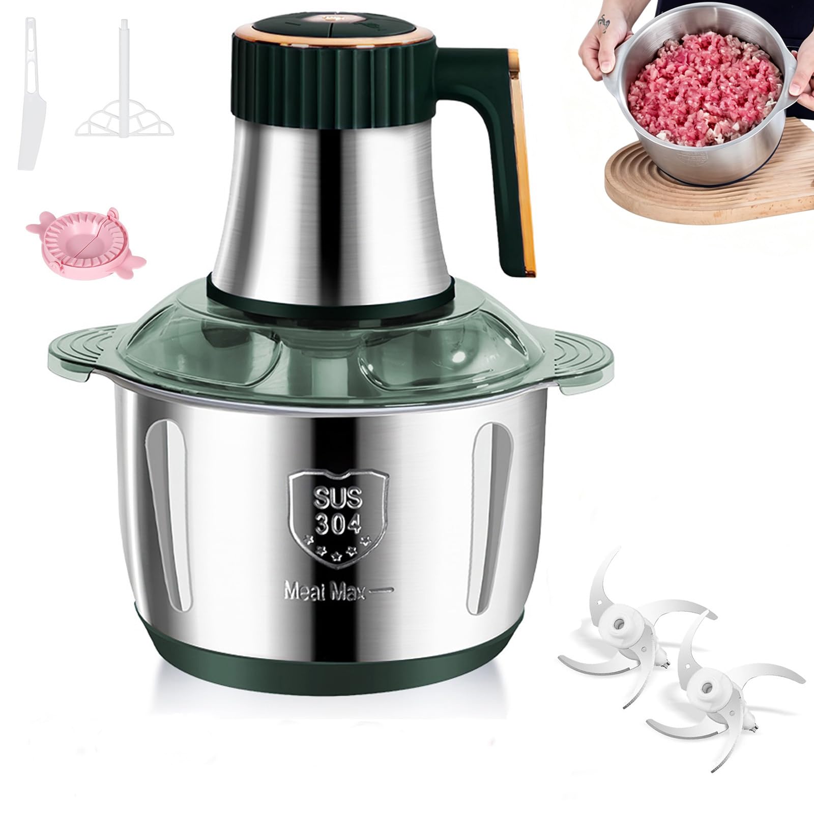 Picadora eléctrica de carne, cuenco de acero inoxidable, 5 velocidades | 500 W Batidora Multifunción para Verduras, Picadoras de Alimentos, 6 cuchillas extraíbles para Carne Verduras y Frutas