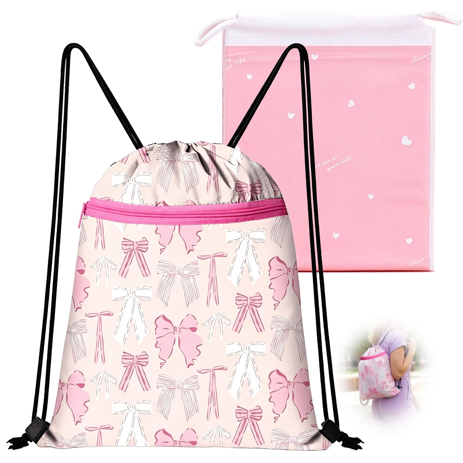 Evewind Pink Bow Drawstring Swimming Bags with Zipper for Women Girls, Cute Waterproof PE Draw String Bags for Swim with Washable Wet Dry Bag for Women