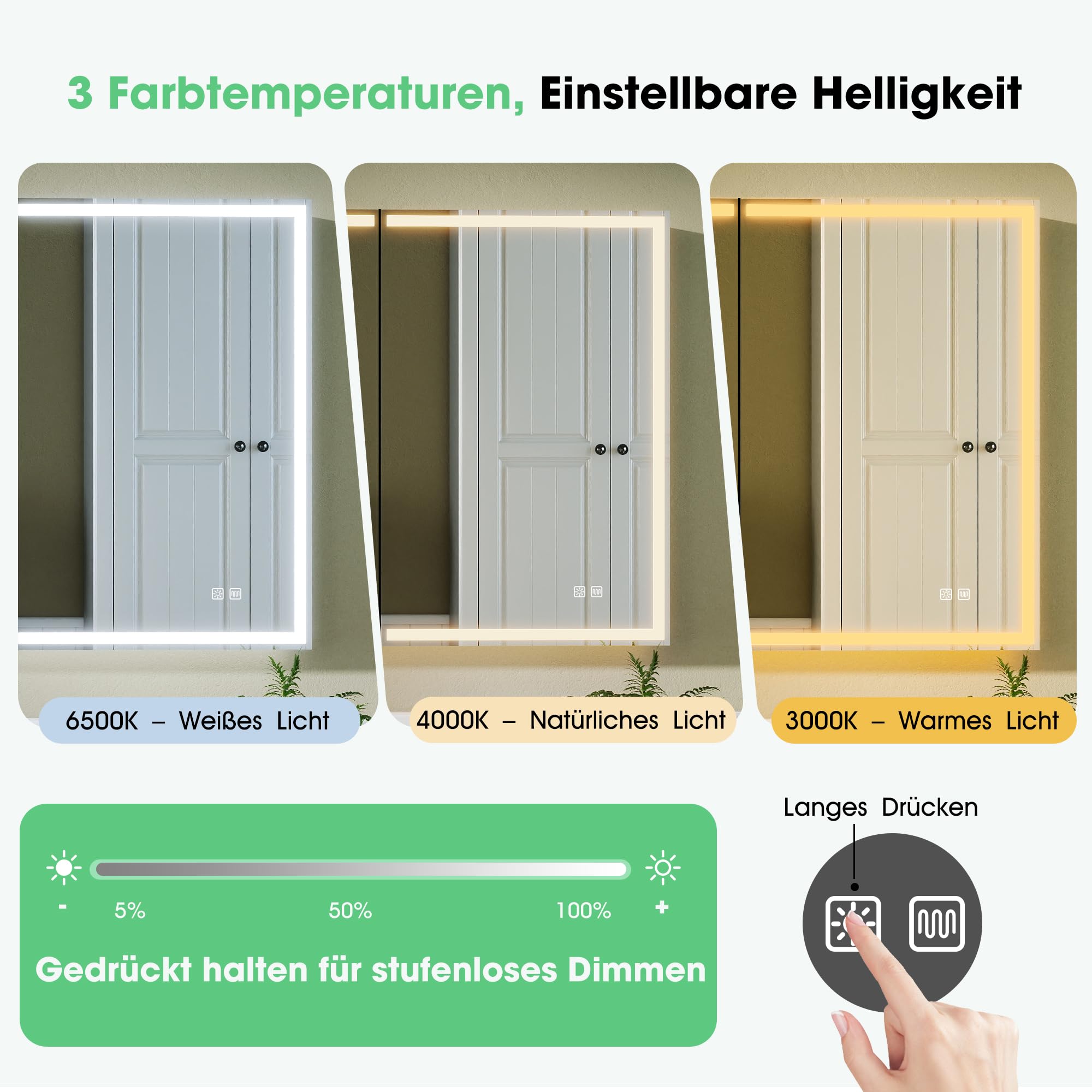 S'bagno Spiegelschrank Bad Mit Beleuchtung 60x80cm, Badezimmer Spiegelschrank, Aluminium Alibertschrank Bad, Entfoggen, 3 Farben, Dimmbar, Speicherfunktion, HD Gehärtetes Glas, IP44, Weiß