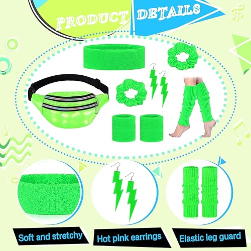 Miniatura 2 de Juego de accesorios para disfraz de entrenamiento de neón de los años 80, 10 unidades, calentadores de piernas para mujer, diadema de los años 80