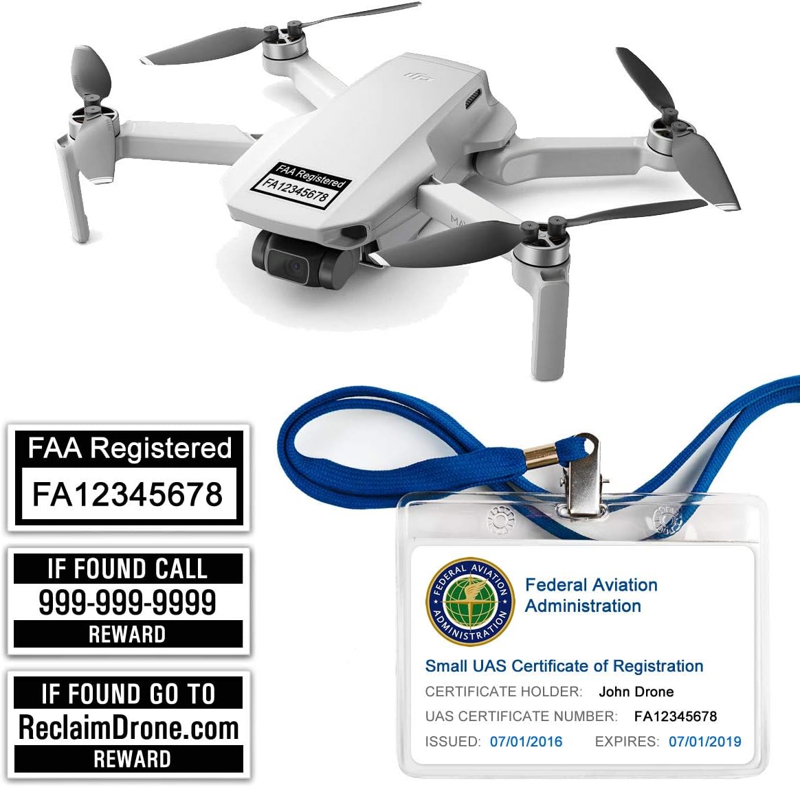 FAA Drone Labels (2 Sets of 3) + FAA UAS Registration ID Card for Hobbyist Pilots + Lanyard and ID Card Holder for use with DJI Mavic Mini