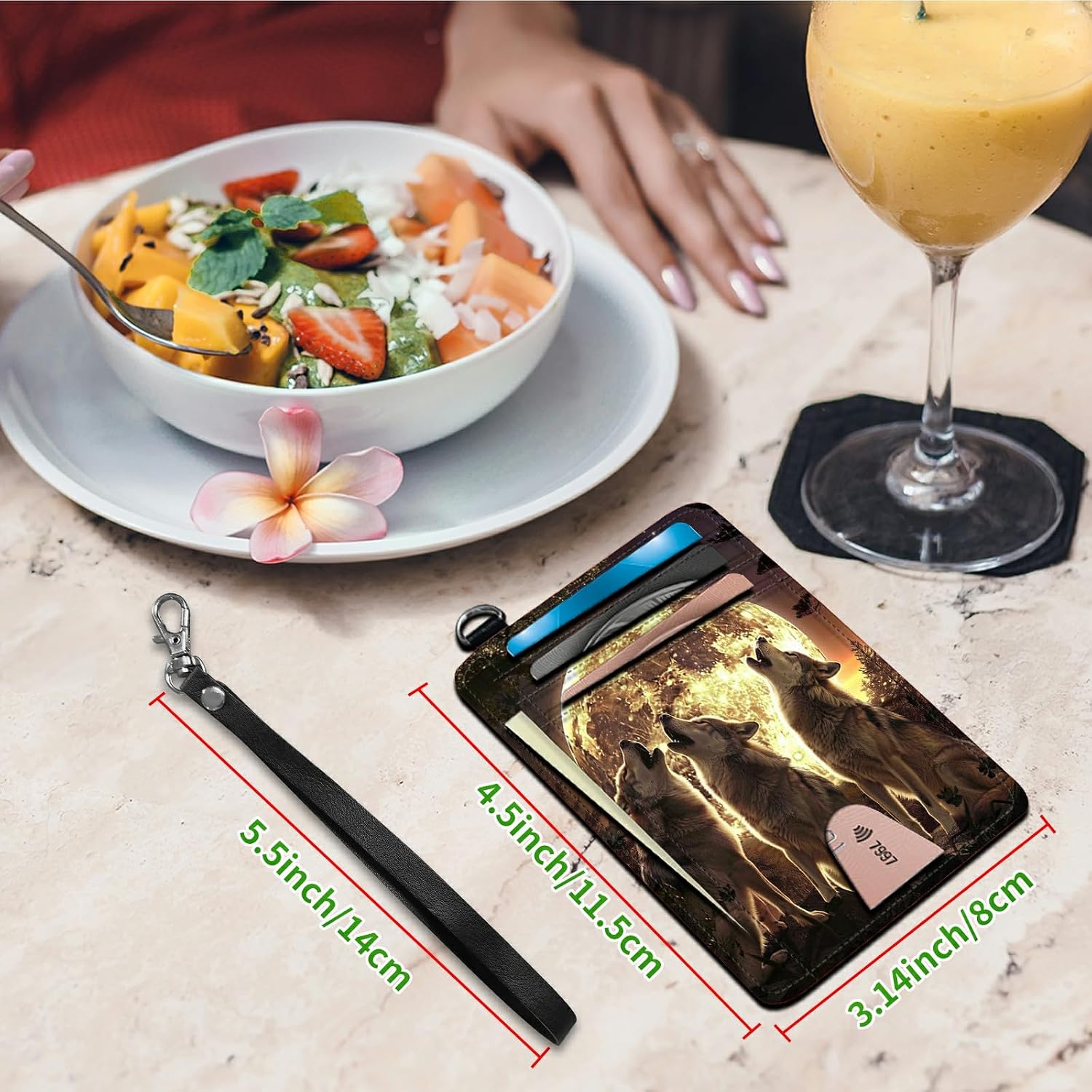 Moonwolf Slim Minimalist Wallet with Lanyard Strap, PU Leather Front Pocket Wallet RFID Blocking Credit Card Holder Card Cases with ID Window for Man Woman Boy Girl