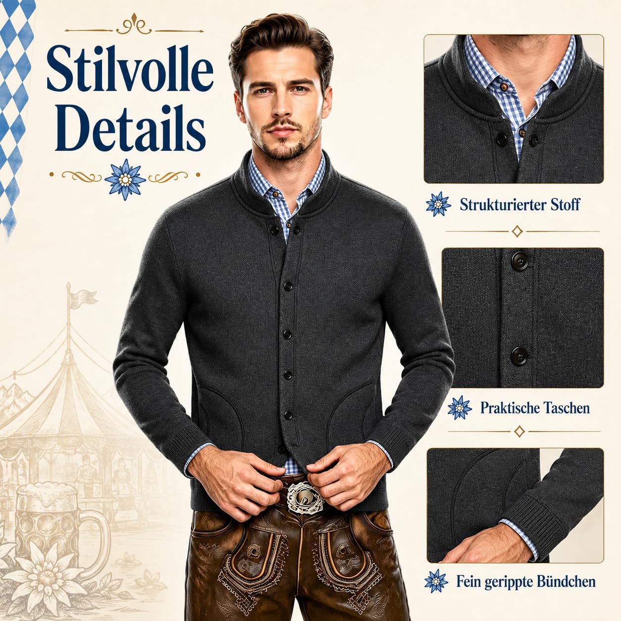 Trachtenjacke Herren - Traditioneller Trachtenjanker mit Knopfleiste, Strickjacke Herren, Oktoberfest Outfit, Lederhosen Jacke, Trachtenweste, Trachtenmode für Männer, Dunkelgrau und Grau, L-5XL