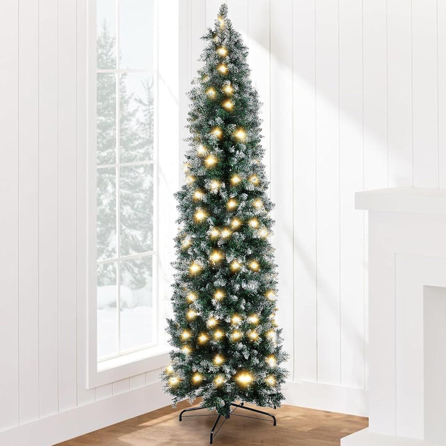 7FT Pre-Lit Fir Pencil Christmas Tree with 200 LED Lights, Green Classic Artificial Slim Skinny Christmas Tree for Home, Office, Shop, Party Decoration, 642 PVC Branch Tips, Snow Flocked Design
