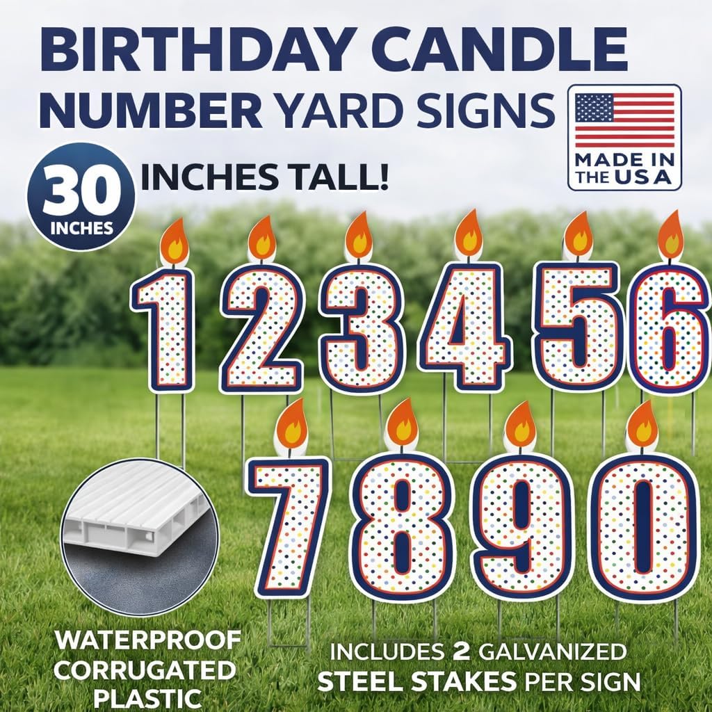 VictoryStore Birthday Candle Yard Sign Numbers 0-9 Set, 30 Inch Tall Waterproof Corrugated Plastic Outdoor Lawn Decorations with Stakes, Made in USA