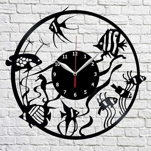 Reloj de pared de vinilo con diseño de peces LP, decoración del hogar, hecho a mano, regalo de personalidad artística (tamaño 12 pulgadas, color