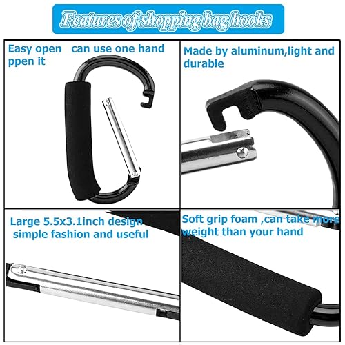 Miniatura 5 de Ganchos para cochecito de bebé, ganchos grandes para cochecito de mamá, 2 piezas de mosquetón organizador para colgar bolsos, bolsa de pañales,