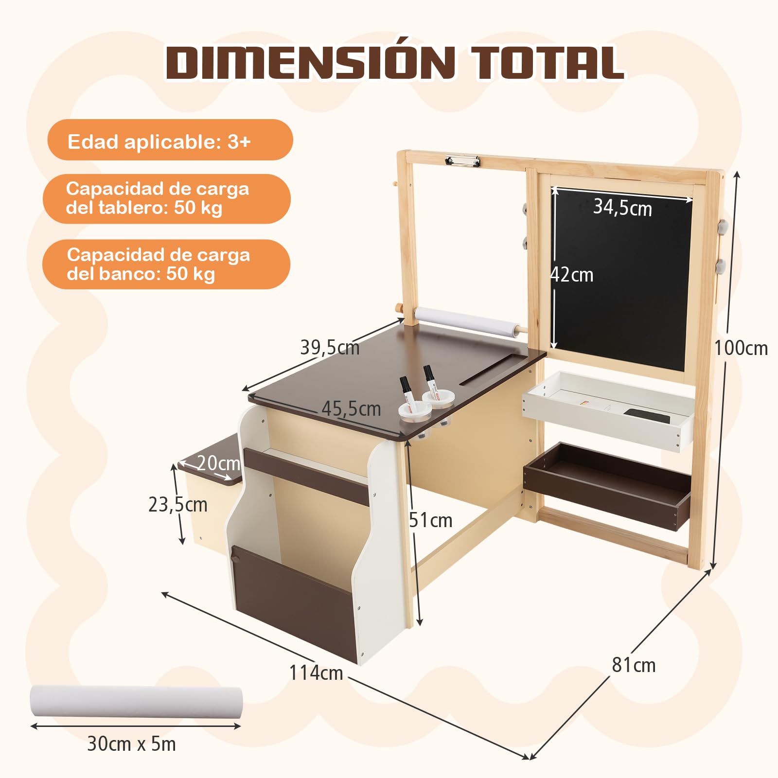 COSTWAY Caballete Infantil, Juego de Mesa y Banco de Arte, Centro de Arte de Madera Multifuncional Con Caballete Ajustable de Doble Cara, Pizarrón Magnética, Rollo de Papel Reemplazable (Café)