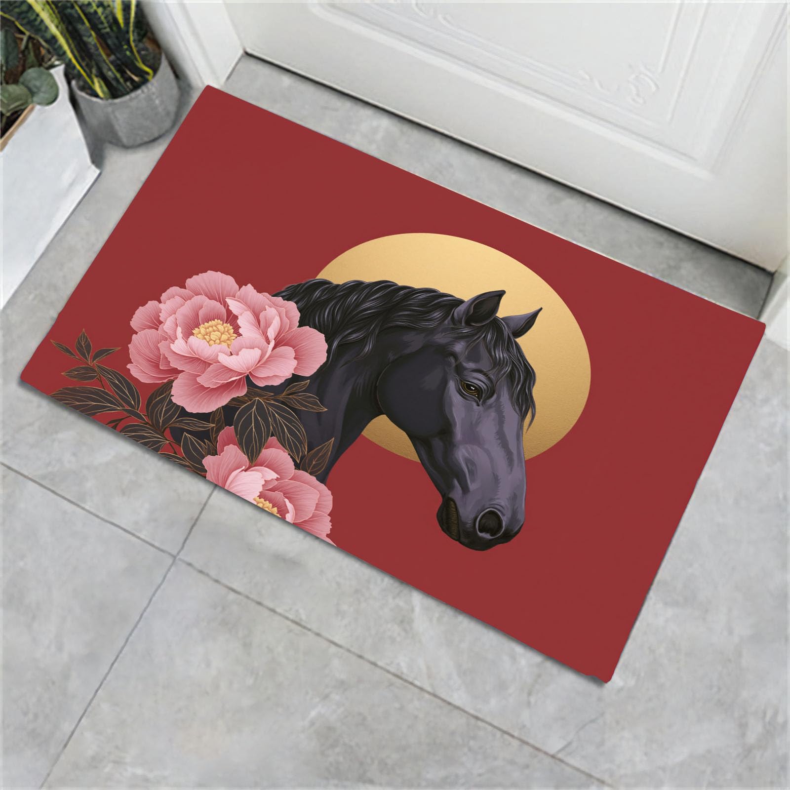 Tapis Chinois Pivoine Cheval Lavable pour une Entrée et Salle de Bain Raffinée