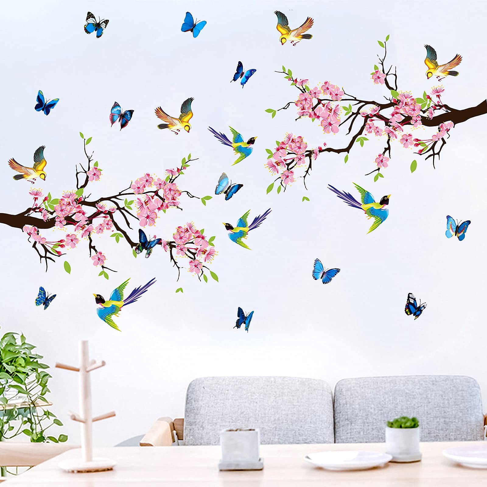 NOA 2Pcs Pink Flower Branch Bird Wall Sticker with 12Pcs 3D Butterfly Decal, Removable Watercolor Bird Flower Butterflies Wallpaper Decor, DIY Art Murals for Bedroom Nursery Decoration