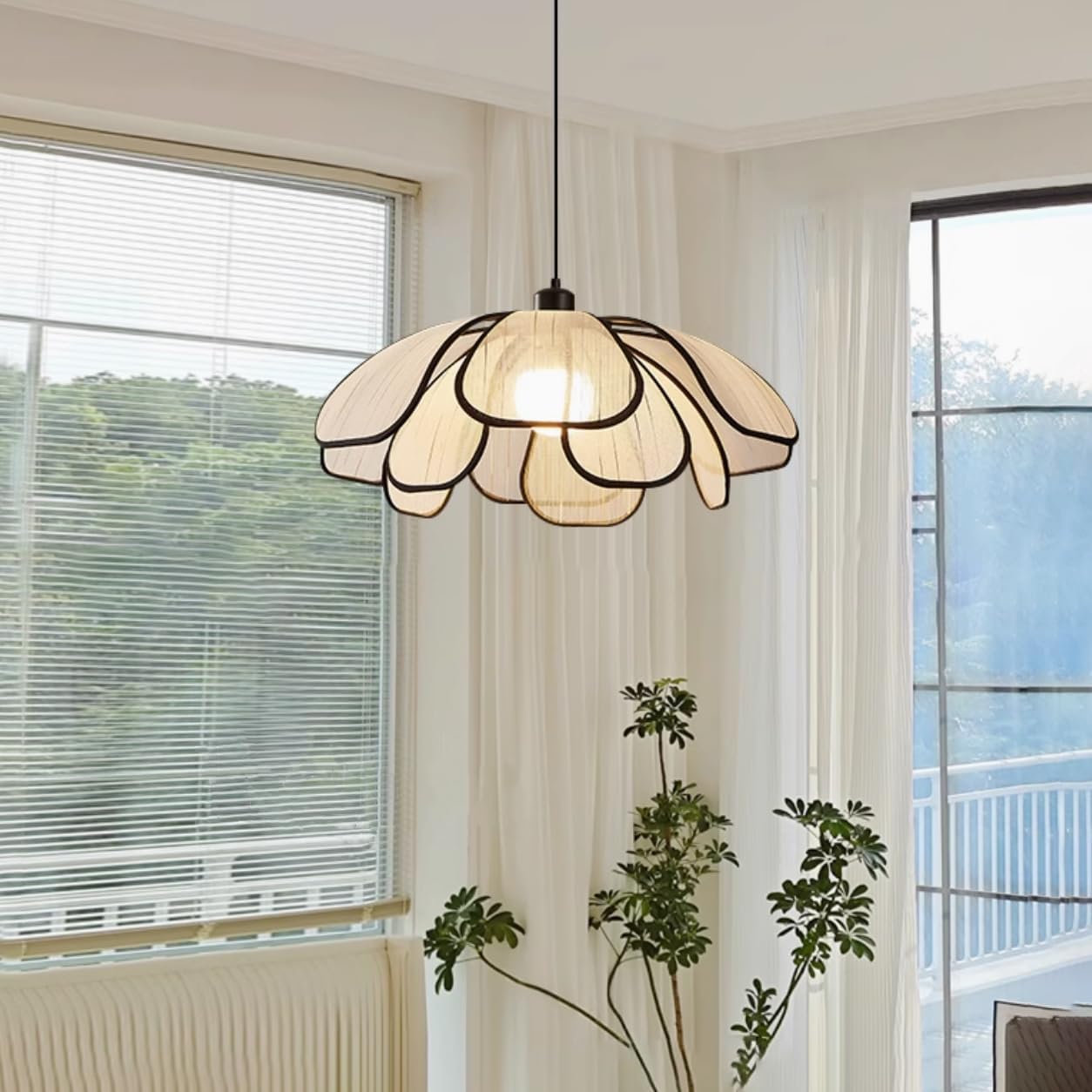 Modern Fabric Chandelier Boho Farmhouse Pendant Light Flower Petal Chandelier Natural Coastal Hanging Lamp for Dining Room Bedroom Living Room - 23.6"