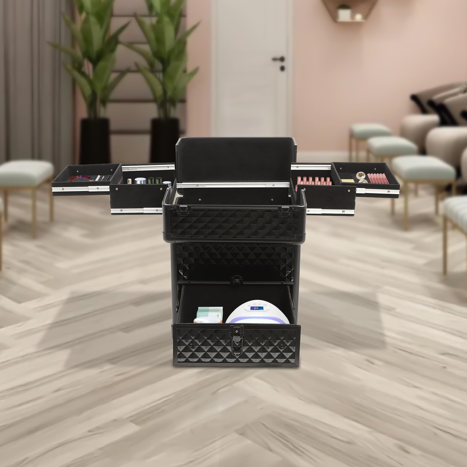 Makeup Koffer Kosmetikkoffer Visagistenkoffer Schminkkoffer Friseurkoffer Nagel Koffer Kosmetik Aufbewahrung für Studio und Reisen mit 7 Fächern und 4 Rädern (Schwarz)