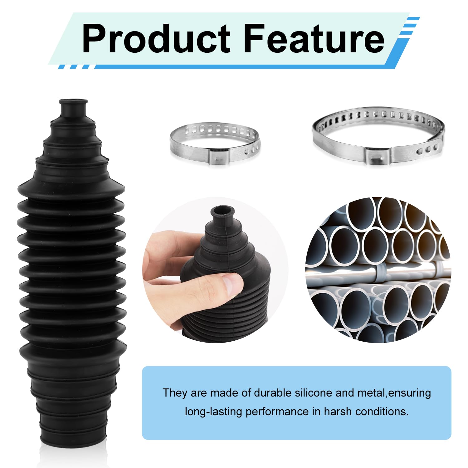 2pz Soffietto Cremagliera e Pignone per Auto, Set di Soffietti per Cremagliera Dello Sterzo Kit di Soffietti per Tiranteria Interna in Silicone con 4 Morsetti di Bloccaggio e 6 Fascette Cavi