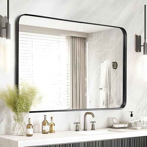 Fabuday Espejo grande de baño negro de 40 x 30 pulgadas, espejos rectangulares enmarcados para pared, espejo de metal negro montado en la pared para