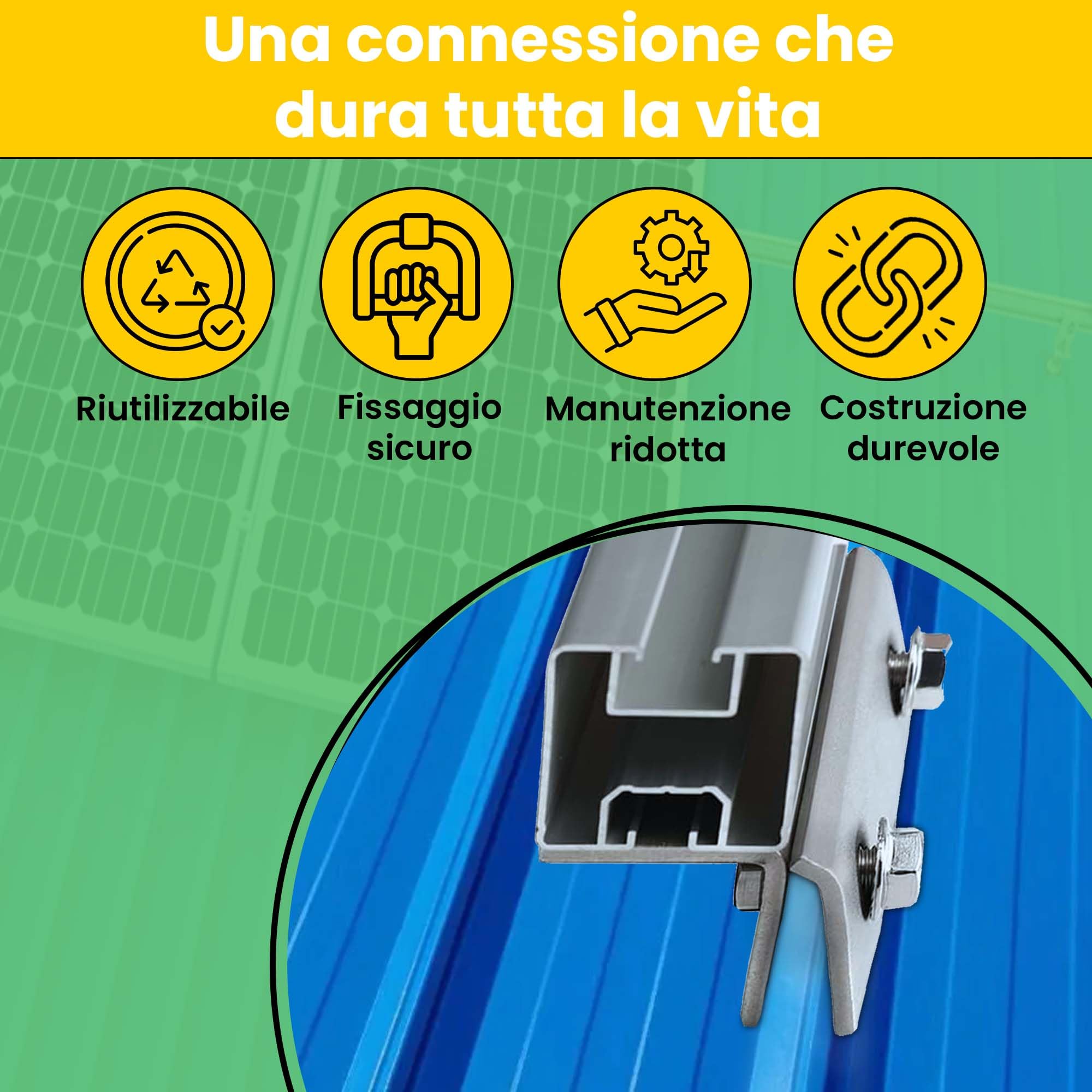 Offgridtec morsetto PV per tetto aggraffato con piastra adattatrice, morsetto preassemblato inox A2, serraggio 3,5 mm, spessore 3 mm, resistente a corrosione e intemperie, 100x40x40 mm (10 pz)
