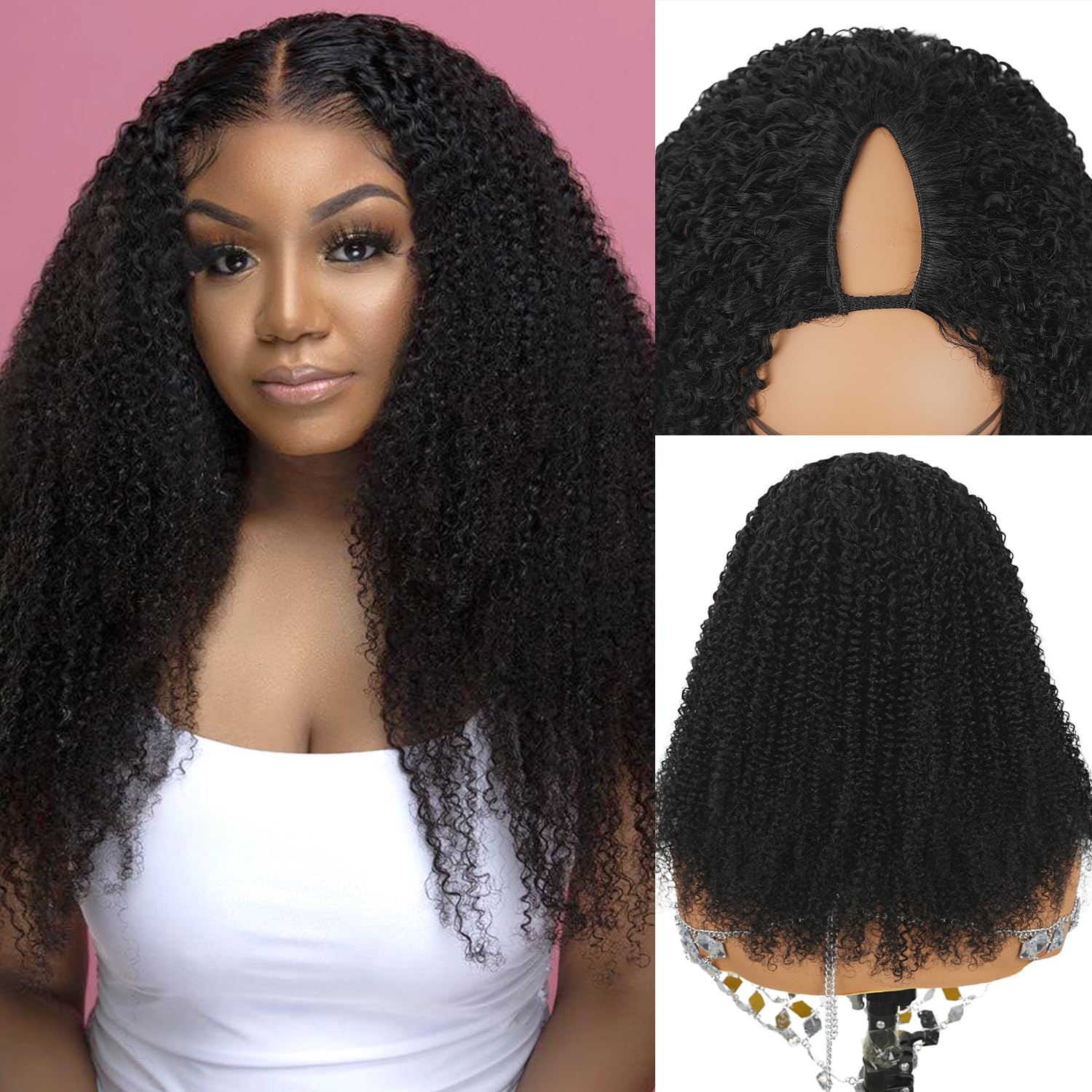 Afro Kinky Curly V Part Wigs With Drawstring For Black Women,200% Density Kinky Curly V Part Human Hair Wigs,Upgrade No Sew In & Glueless Design,Beginner Friendly,Natural Black Color(20inch)