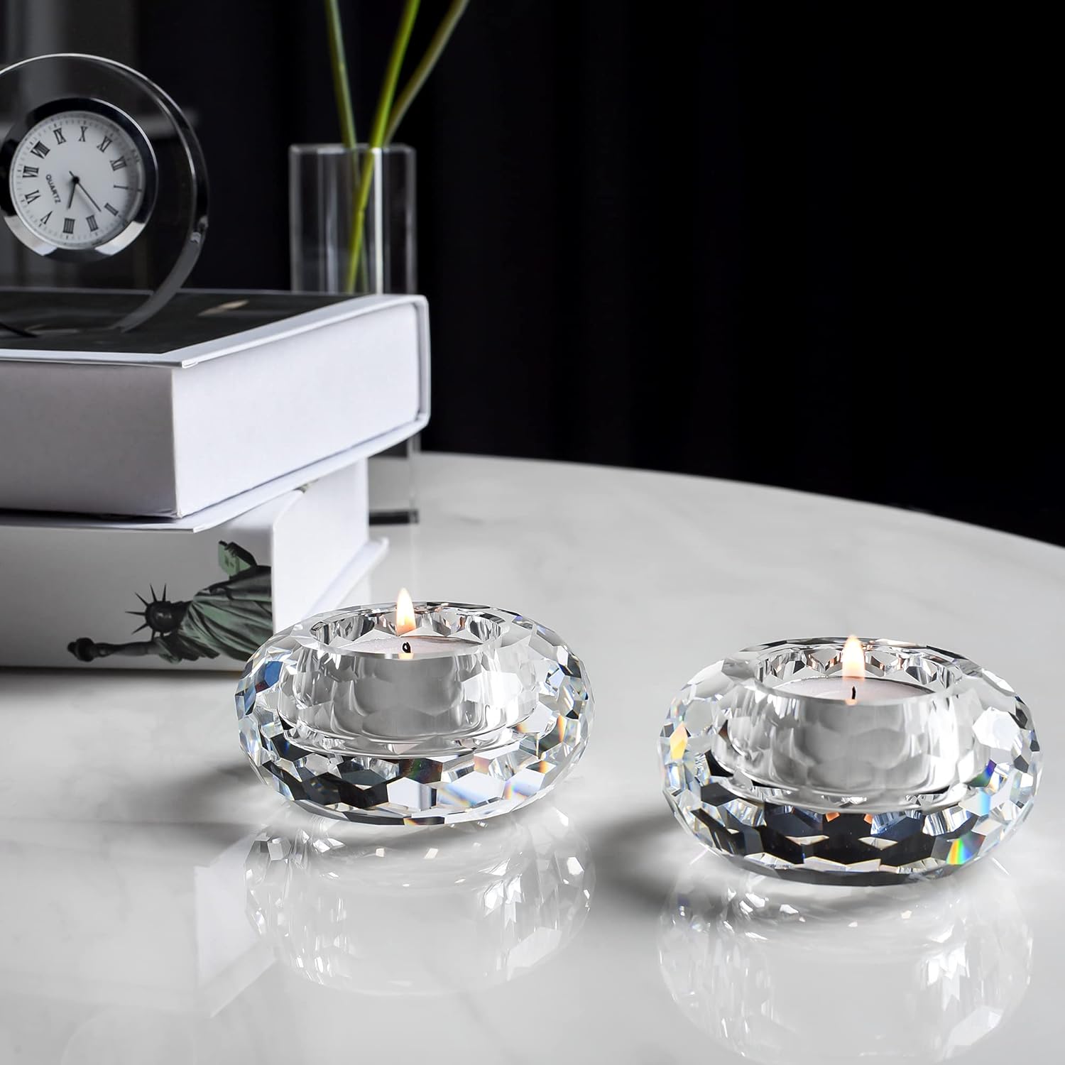 Kitcom Crystal Tealight Candle Holders Pack of 2, Hand-Cut Candle Holder Home Decor for Wedding Banquet Dinner 3.2" Diameter x 1.6" High, Clear - Image 3