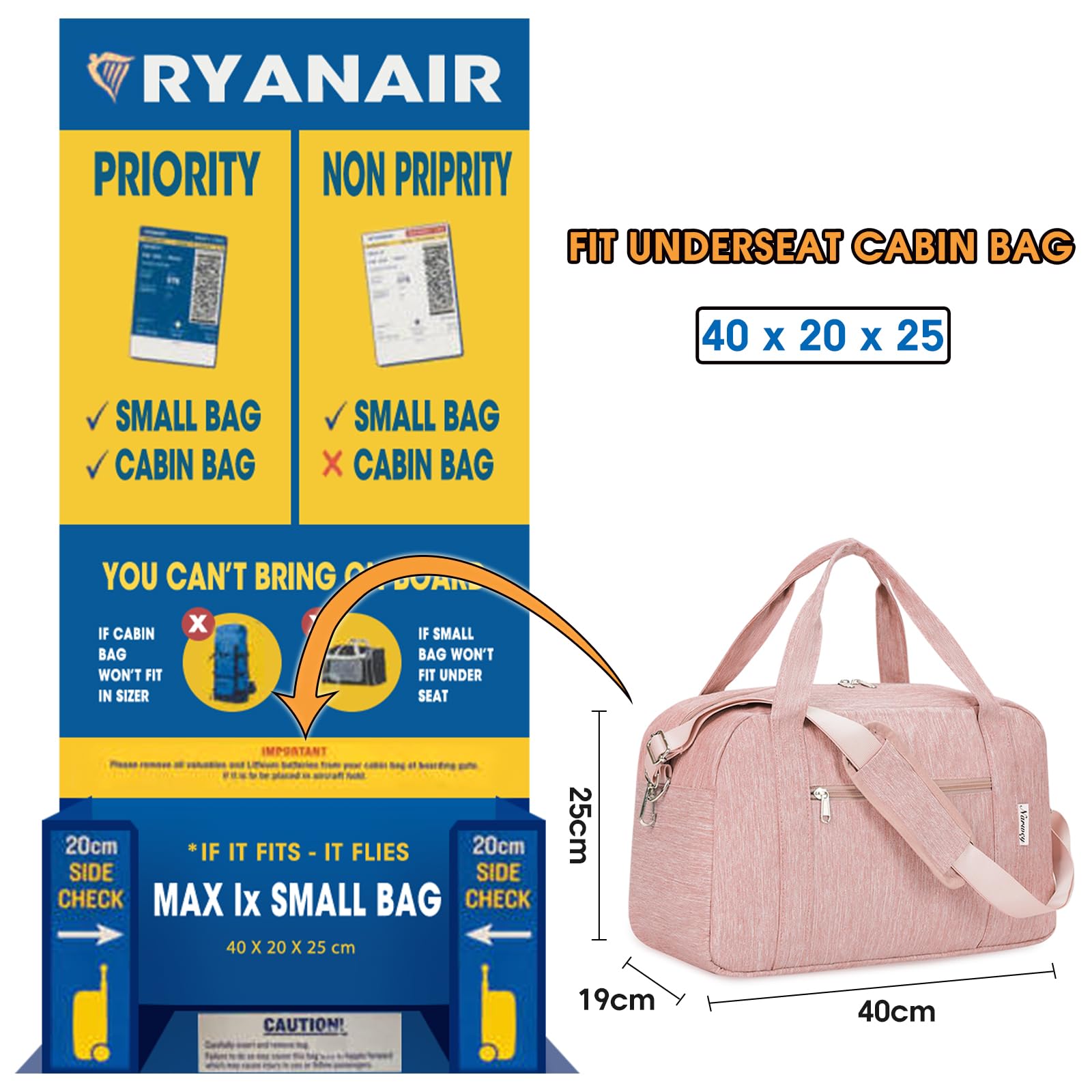 Narwey Bagaglio a Mano 40x20x25 Ryanair, Sottosella Pieghevole Borsone da Viaggio, Valigia Bagaglioa Mano per Uomo Donna, Borsa da Viaggio Donna Zaino Ryanair Cabina Borsa Aereo (Rosa)