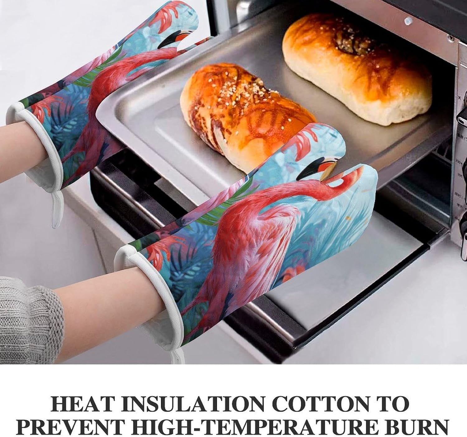 2 Pcs Oven Mitts Heat Resistant Kitchen Gloves Soft Safety Painted Flamingo Oven Glove for Microwave, Barbecue