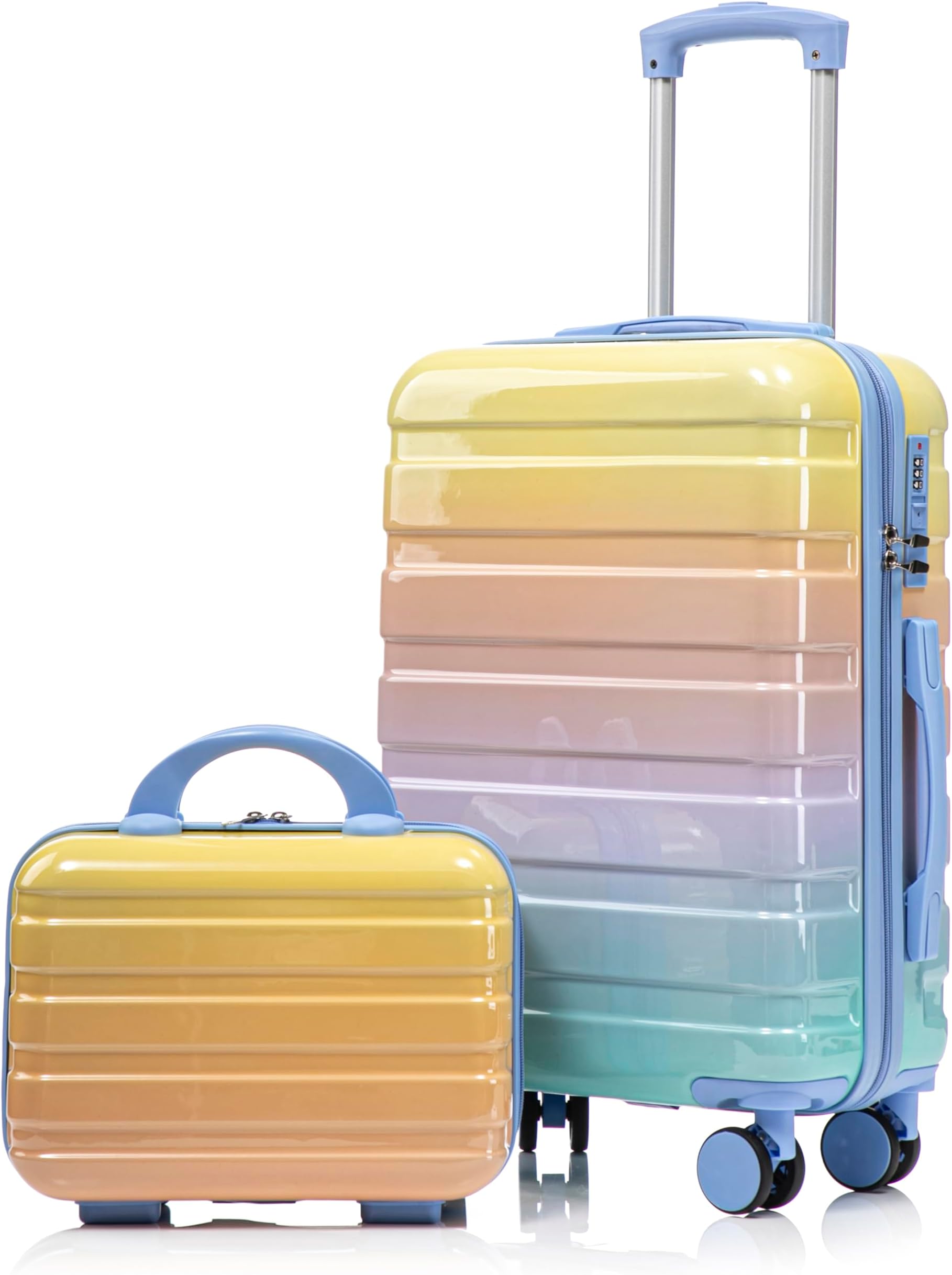 2 Piece Hardshell Luggage Set Lightweight Carry-On Luggage with Spinner Wheels for Kids, 20 Inch Durable ABS Luggage with 14 Inch Cosmetic Case for Travel, Women, Girls(Blue Yellow)