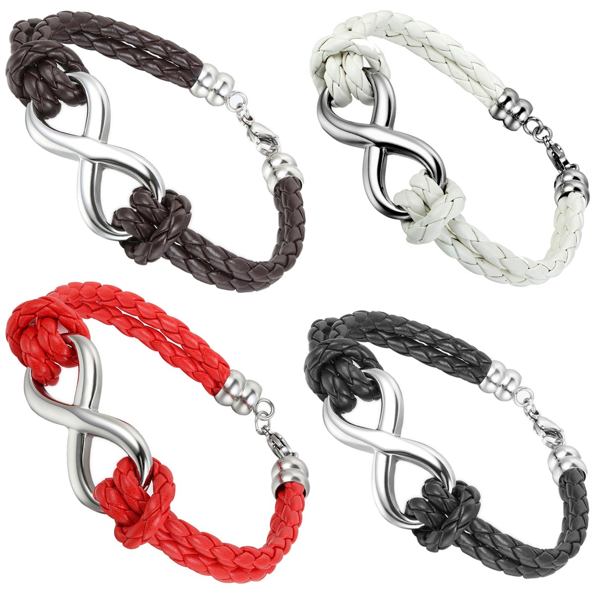 Flongo Bracelet Acier Inoxydable Cuir Leather Corde Lien Poignet Amour Infini Tresse Charme Classique Bijoux Cadeau pour Femme Homme