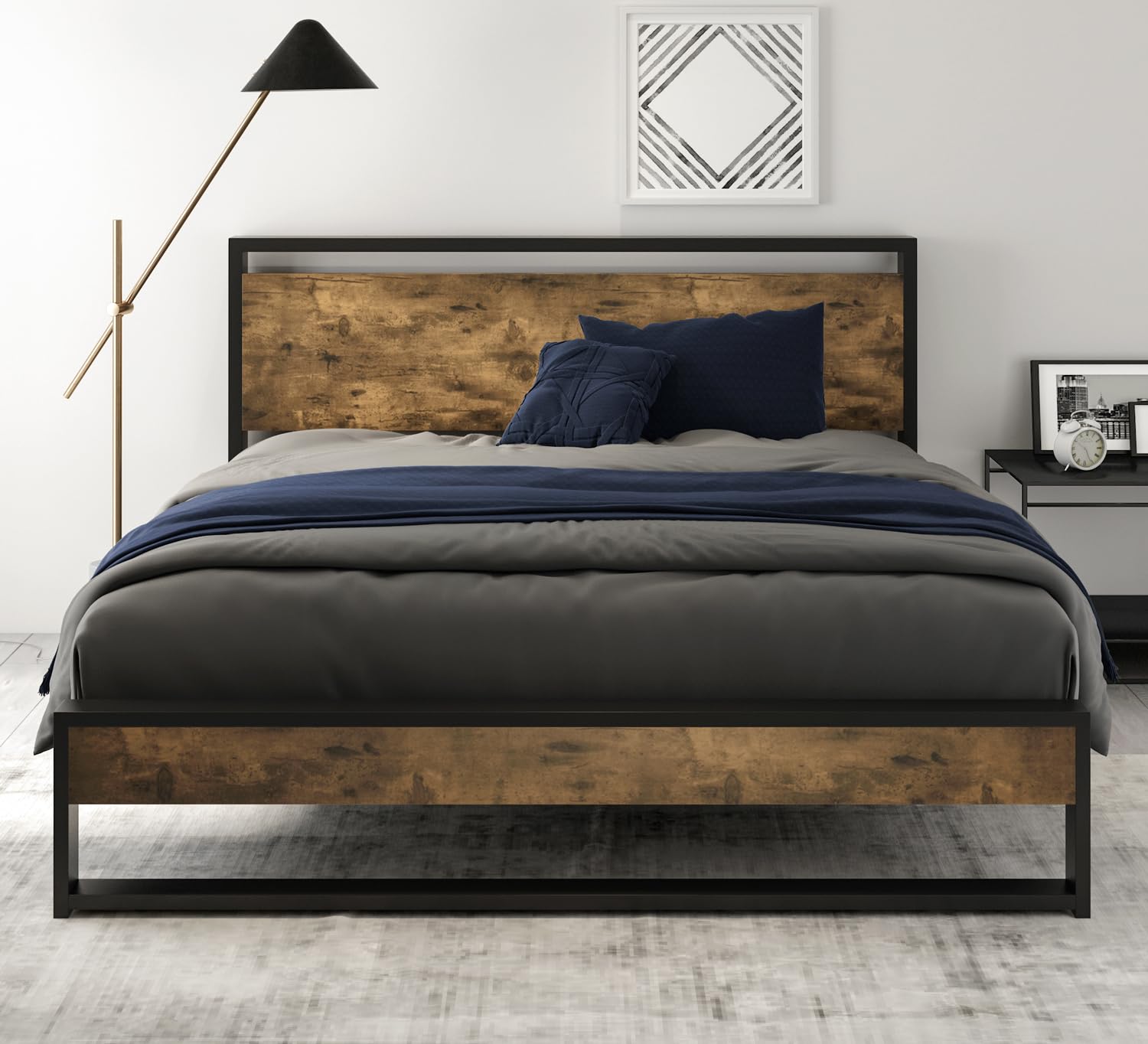 SHA CERLIN Queen Size Bed Frame with Wooden Headboard,Heavy Duty Metal Slats Support Platform,No Box Spring Needed,Rustic Brown