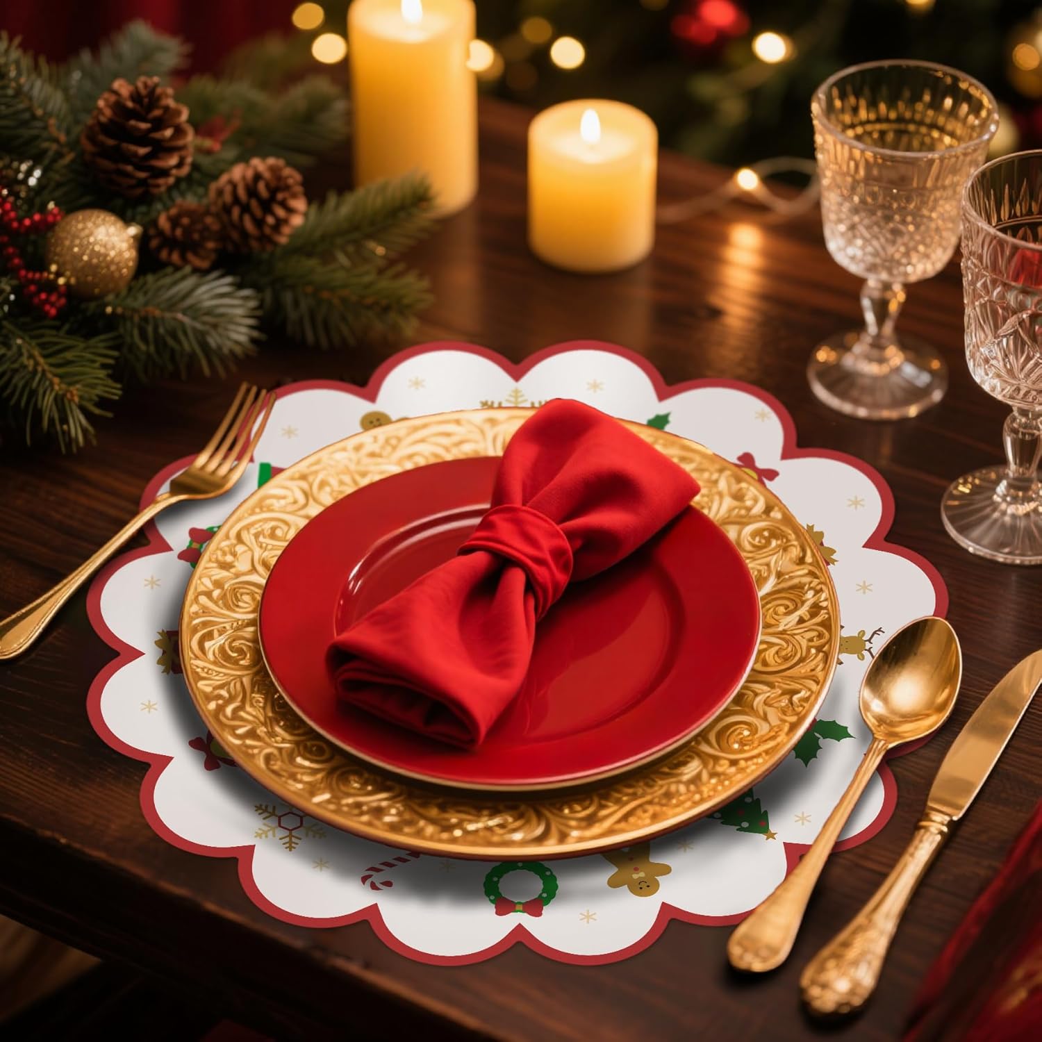 50 Pcs Christmas Paper Placemats 13.5 Inches Scalloped Gingerbread Paper Placemats Disposable Christmas Placemat Decorative Xmas Place Mats for Winter Party Dinner Table Setting Kitchen Table Decor