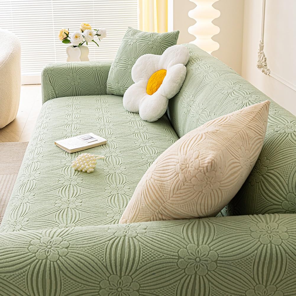 Housse de canapé extensible antidérapante en velours vert pour rénover un salon usé