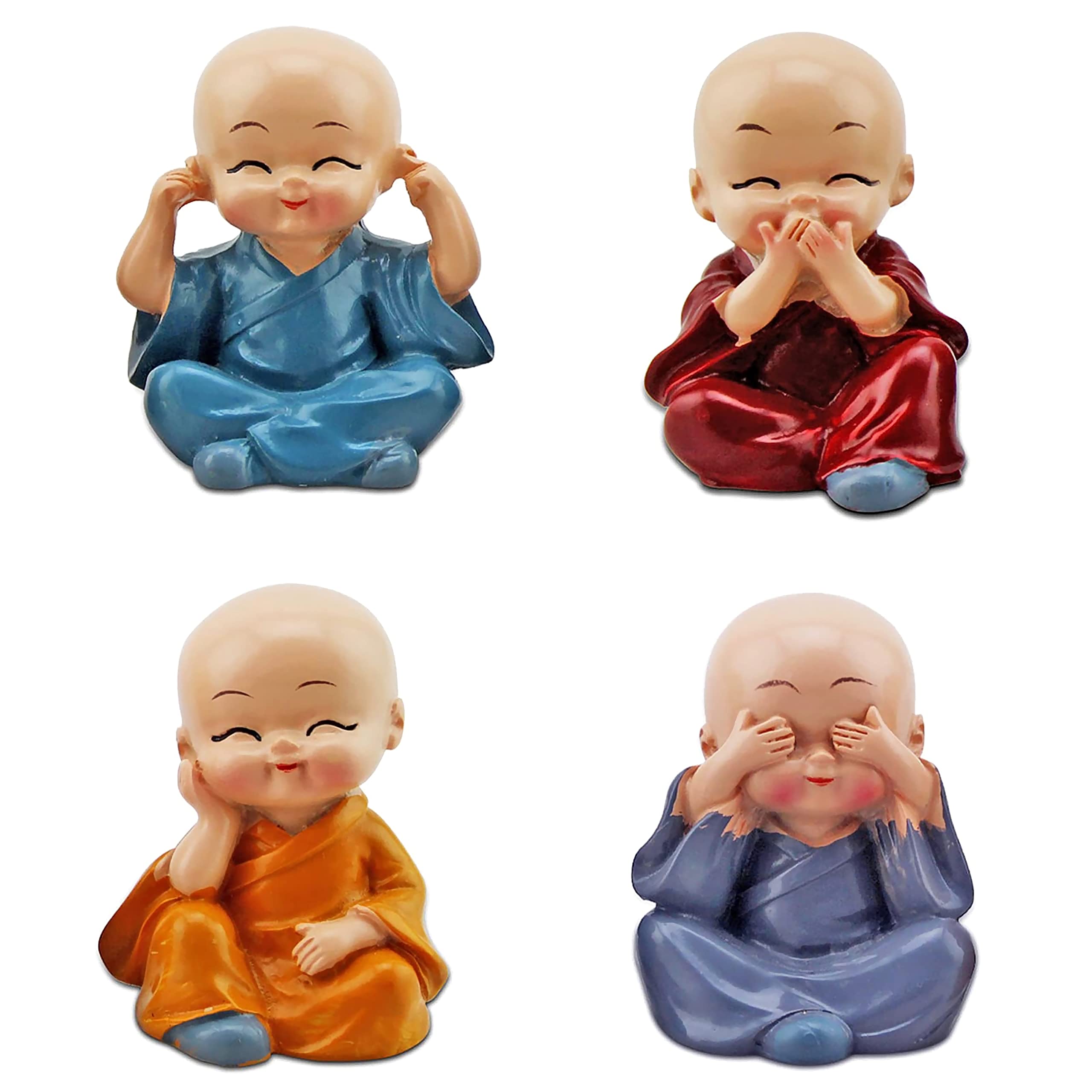 Monk Buddha Statue 4 Buddha See No Evil, Speaks No Evil, Hear No Evil, Thinks No Evil, Little Baby Monk, Cartoon Monk Set, Showpiece for Home Décor Car Dashboard Decoration (Multicolor) 4pcs