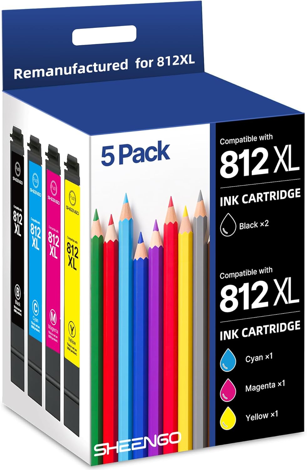 812XL Ink Cartridges Combo Pack Remanufactured Replacement for 812XL Ink Cartridge Epson for Epson 812XL 812 XL T812XL for Workforce Pro WF-7840 WF-7820 WF-7310 EC-C7000 Printer（5 Pack, 812XL）