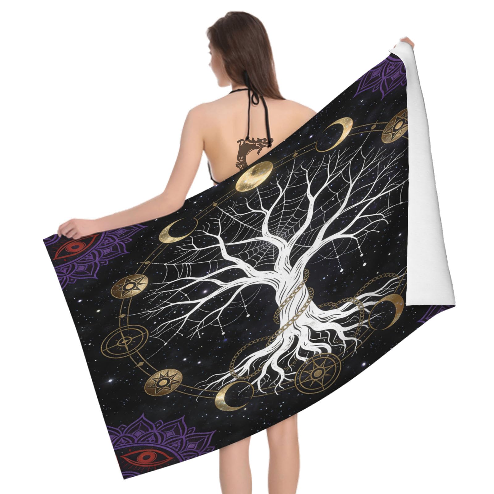 Leichong 3D Tree Of Life Beach Towel Large Microfiber Soft Quick Dry for Adults, Occultism Bath Towel Lightweight Soft Absorbent for Travel Swimming Pool Sports, 180 x 90 cm