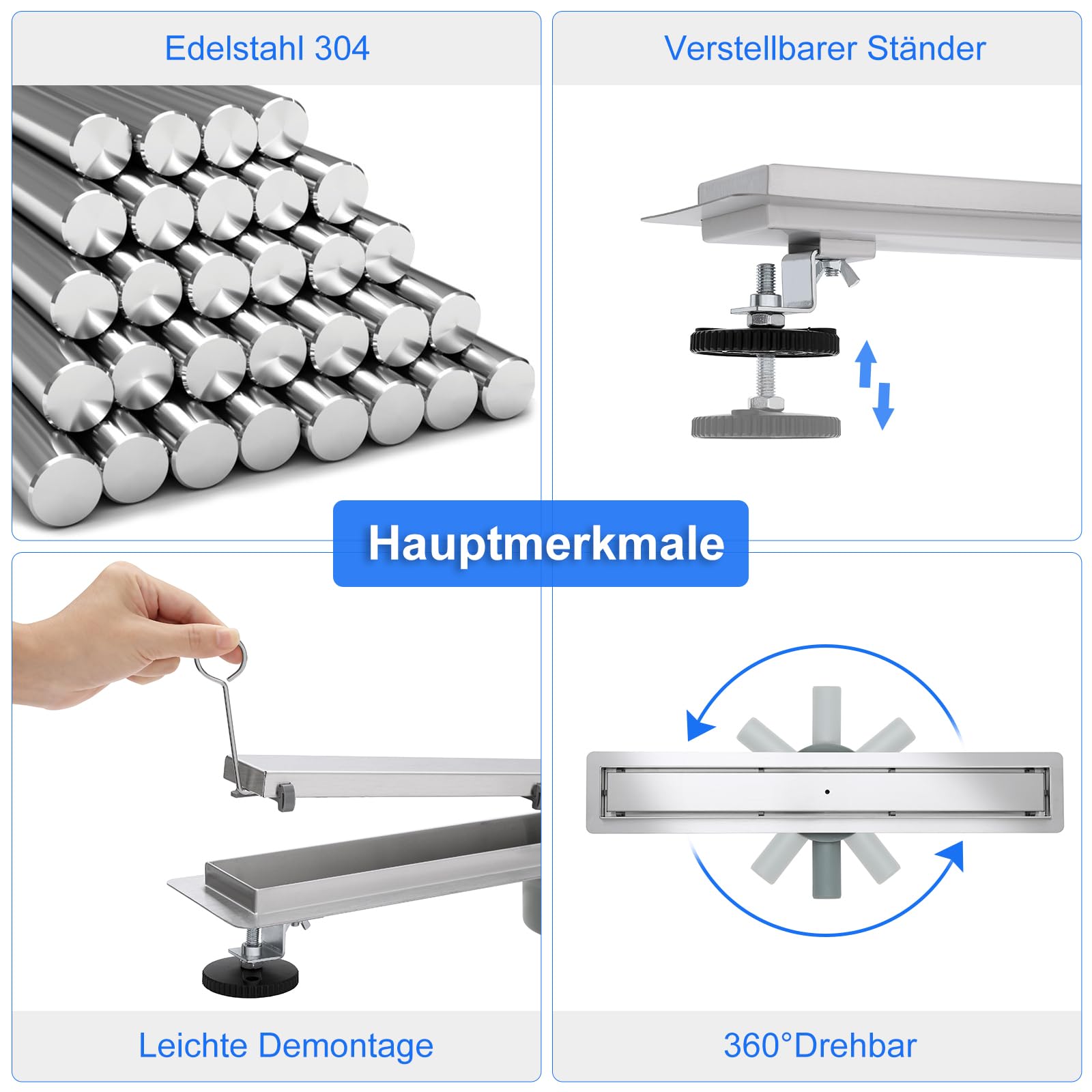 Duschrinne Befliesbar 80cm Gebürstet, 360° Siphon mit Geruchsstop und Haarsieb, 304 Edelstahl Ablaufrinne Bodenablauf Duschablauf sehr Flach DN50 DN40