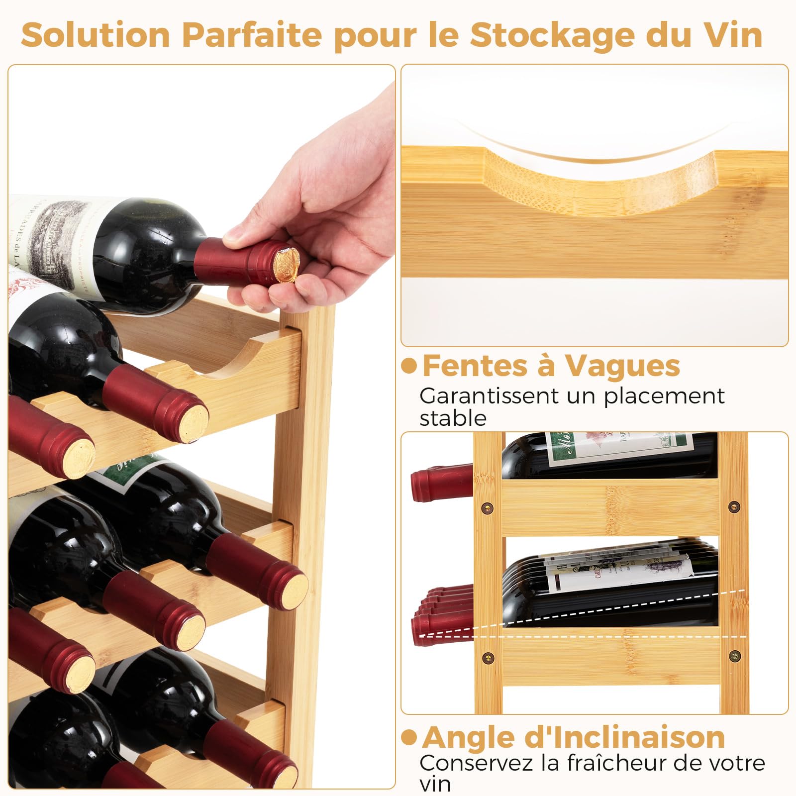 COSTWAY Casier à Vin en Bambou pour 18 Bouteilles à 3 Niveaux, Casier à Bouteilles, Étagère à Vin, Range Bouteille sur Pied, pour Cuisine, Garde-Manger, Pub, Cave à Vin, Naturel