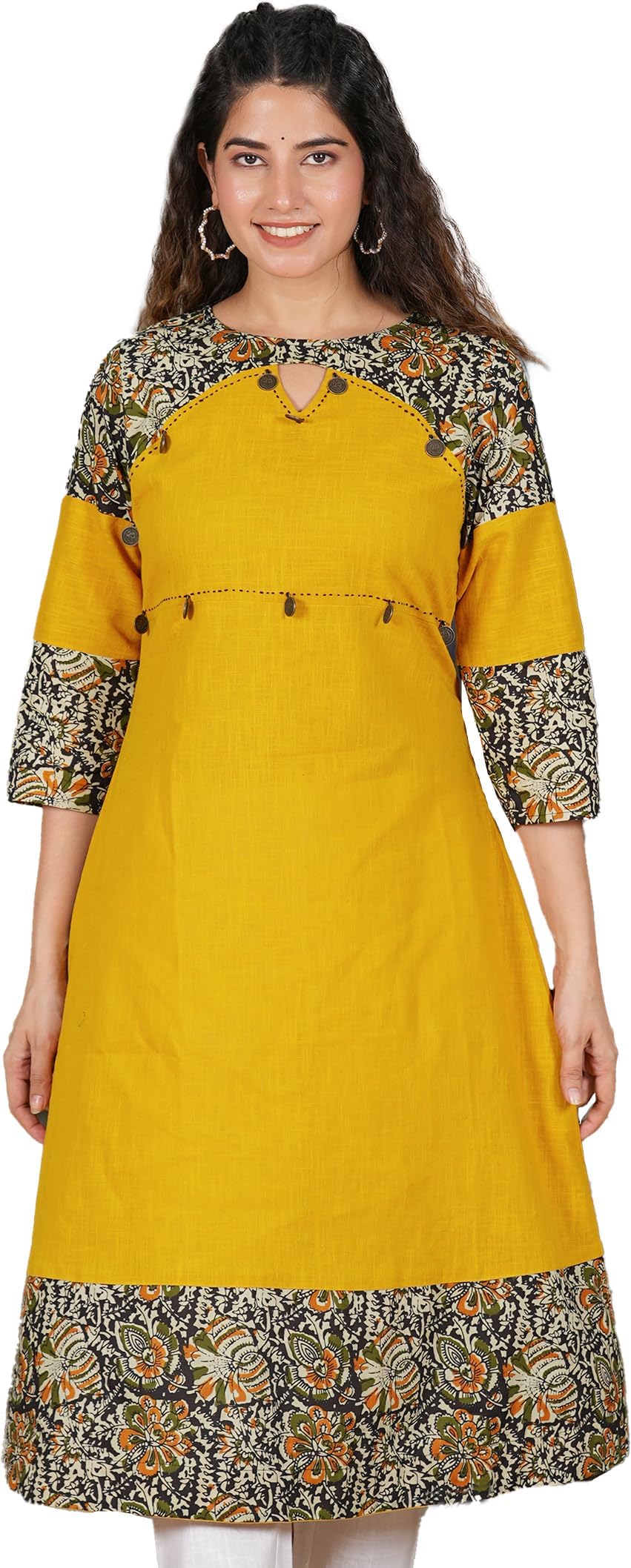 Women's Cotton Blend Kalamkari Print A-Line 3/4 Sleeve Keyhole Neck Calf Length Kurta Dress For Summer