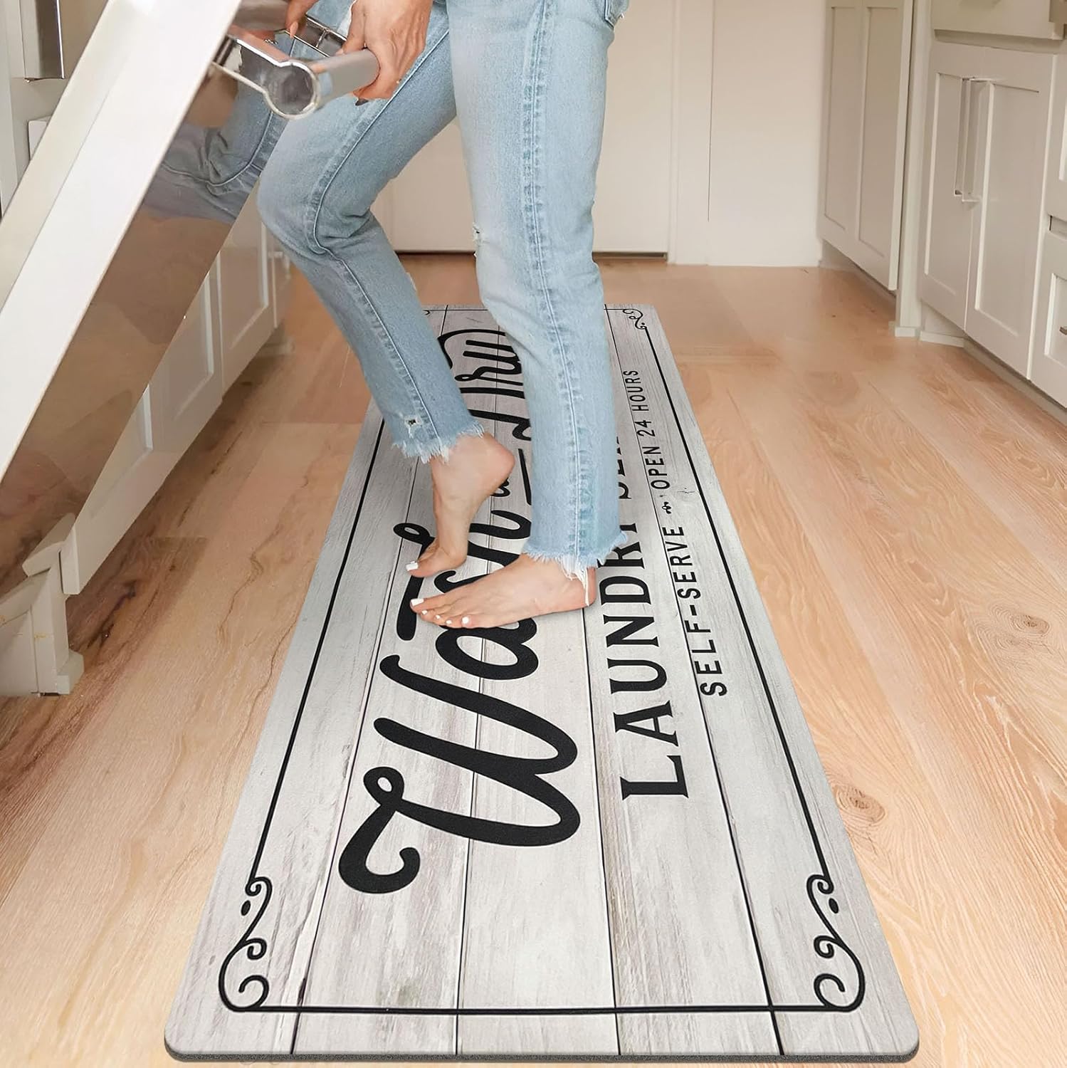 KOZYFLY Laundry Room Rug Runner 24"x72" Non Slip Kitchen Rugs Washable Laundry Room Mat Waterproof Mudroom Floor Carpet Runner Farmhouse Decor, 2x6ft, Light Grey, Wash and Dry