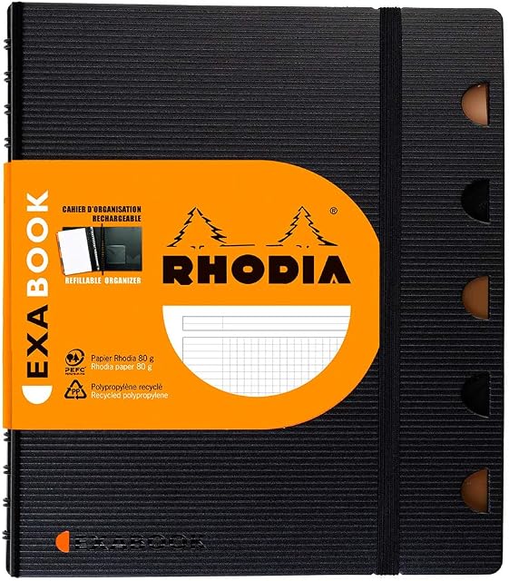 RHODIA 132572C - Exabook Black A5+ Refillable Organizer Notebook|Small Squares|160 Detachable Perf. 6 Holes - Clairefontaine Paper 90g - Polypro Cover (Plastic) - Rhodiactive